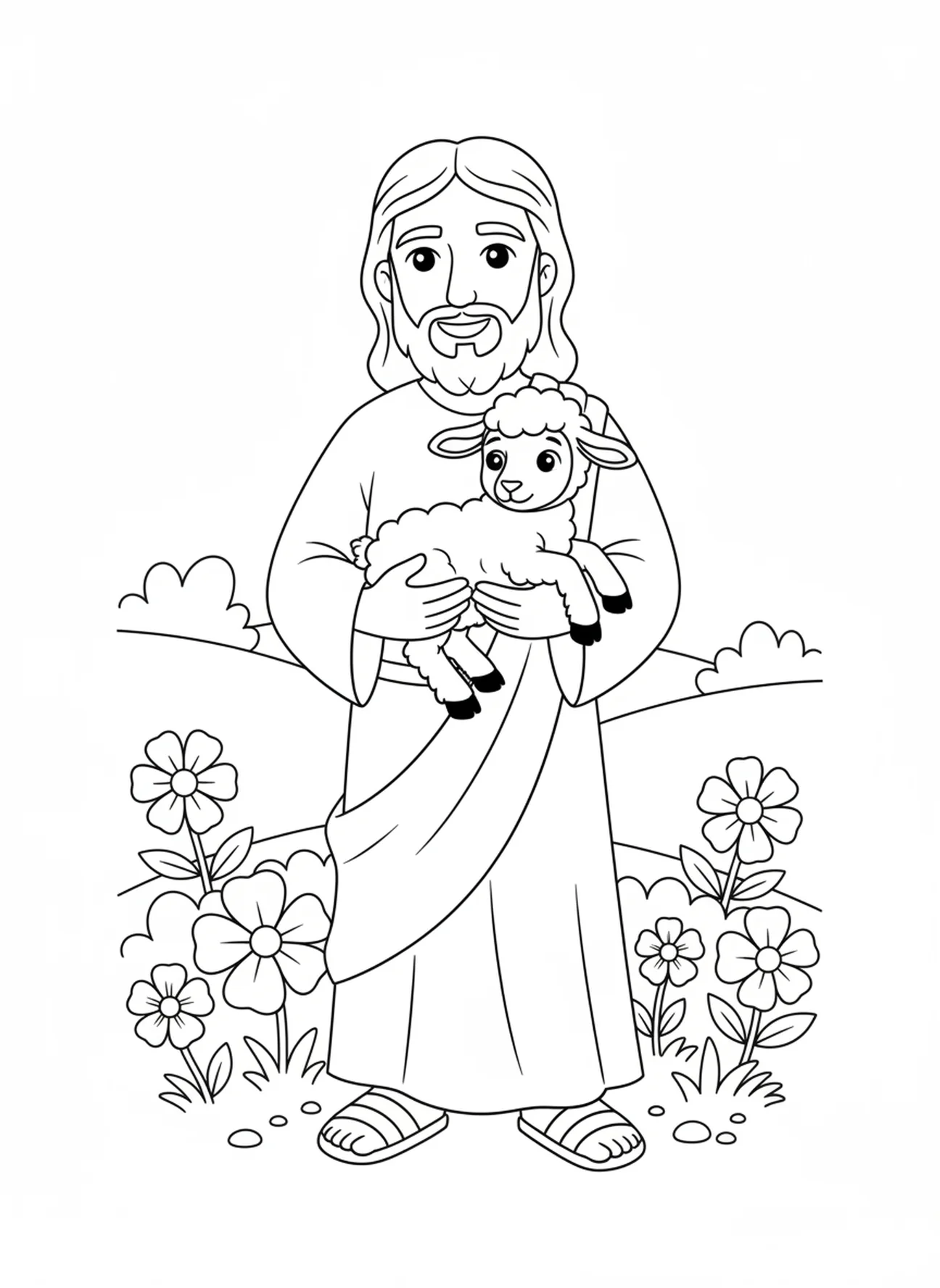 Jesus carrying a lamb, Sacred Heart Jesus coloring page for kids age 5-10.