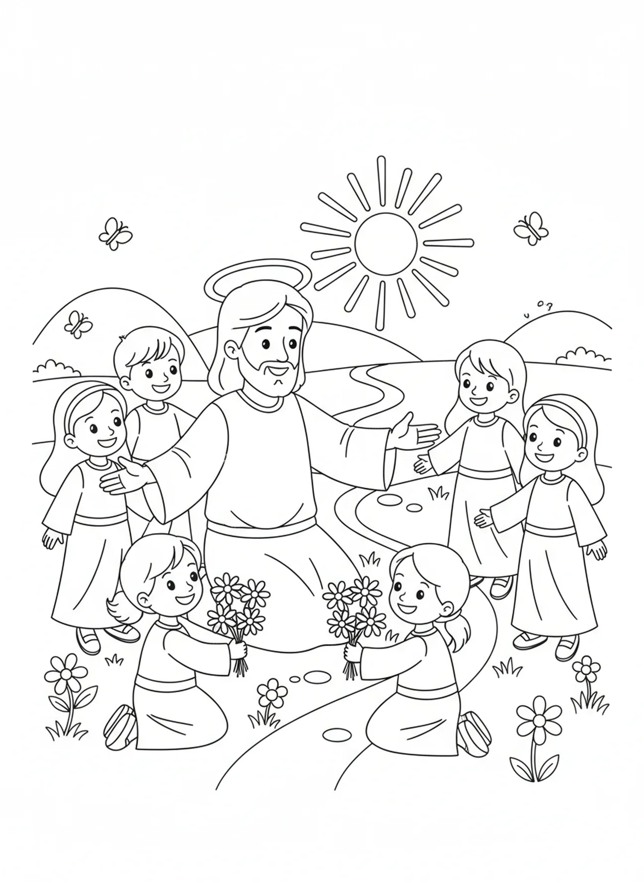 Jesus blessing children, Sacred Heart Jesus coloring page for kids age 5-10.