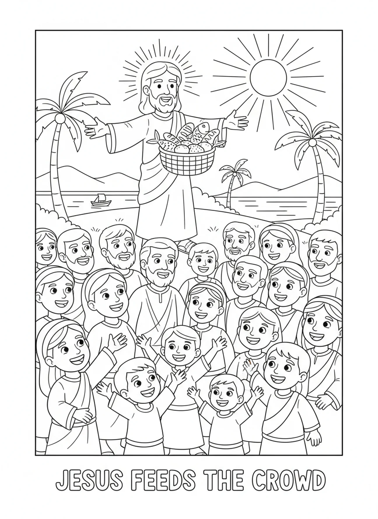 Jesus sharing bread, Sacred Heart Jesus coloring page for kids age 5-10.