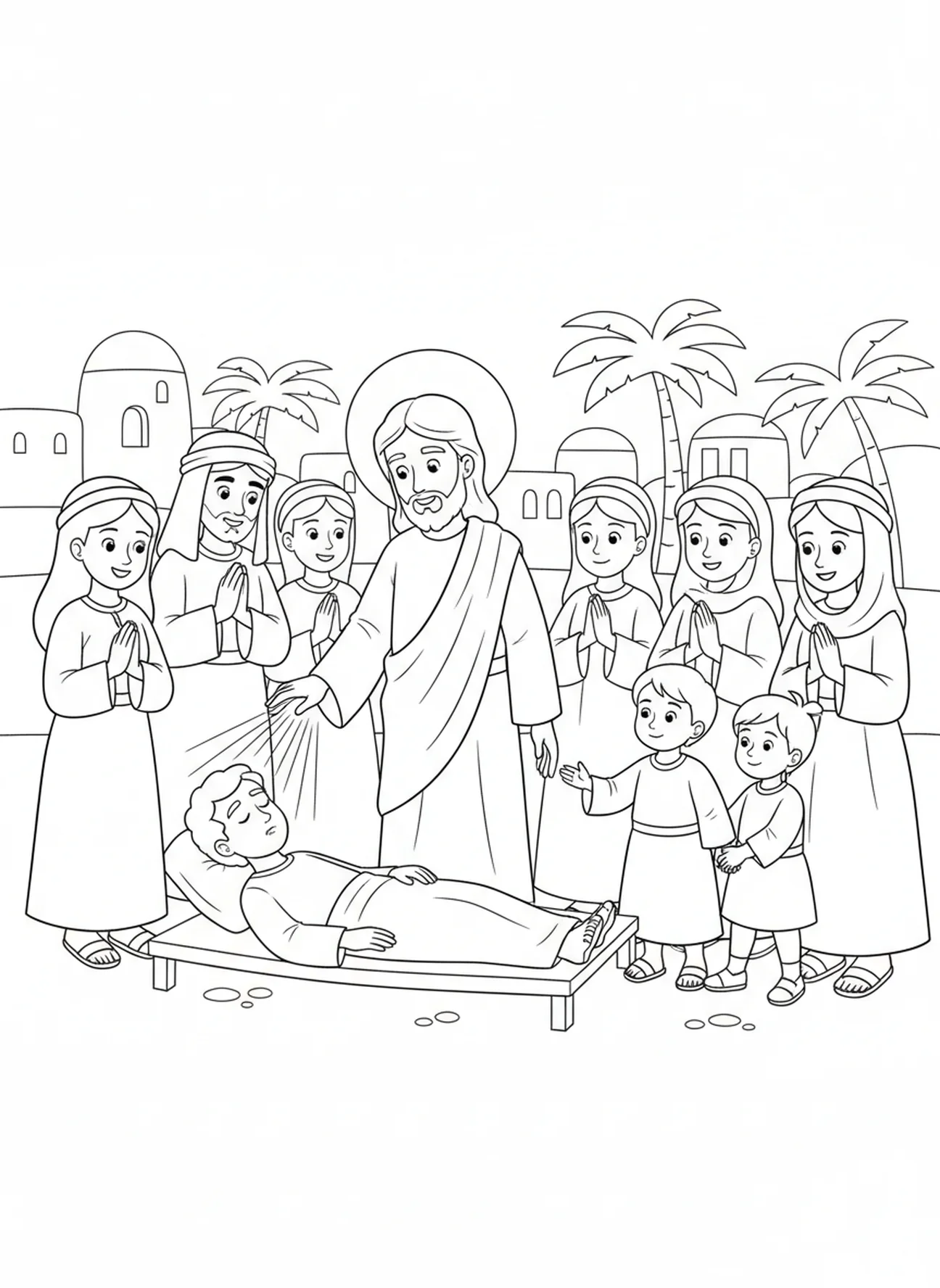 Jesus healing the sick, Sacred Heart Jesus coloring page for kids age 5-10.
