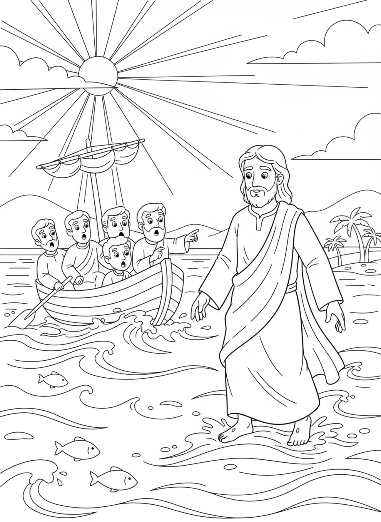 Jesus walking on water, Sacred Heart Jesus coloring page for kids age 5-10.