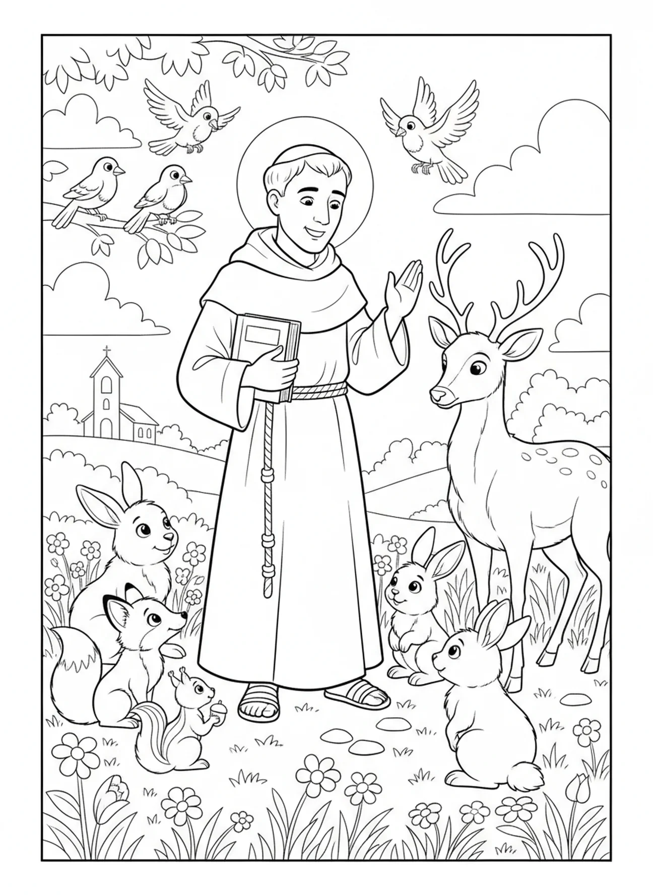 St. Anthony surrounded by animals, St Anthony Padua coloring page for kids age 5-10