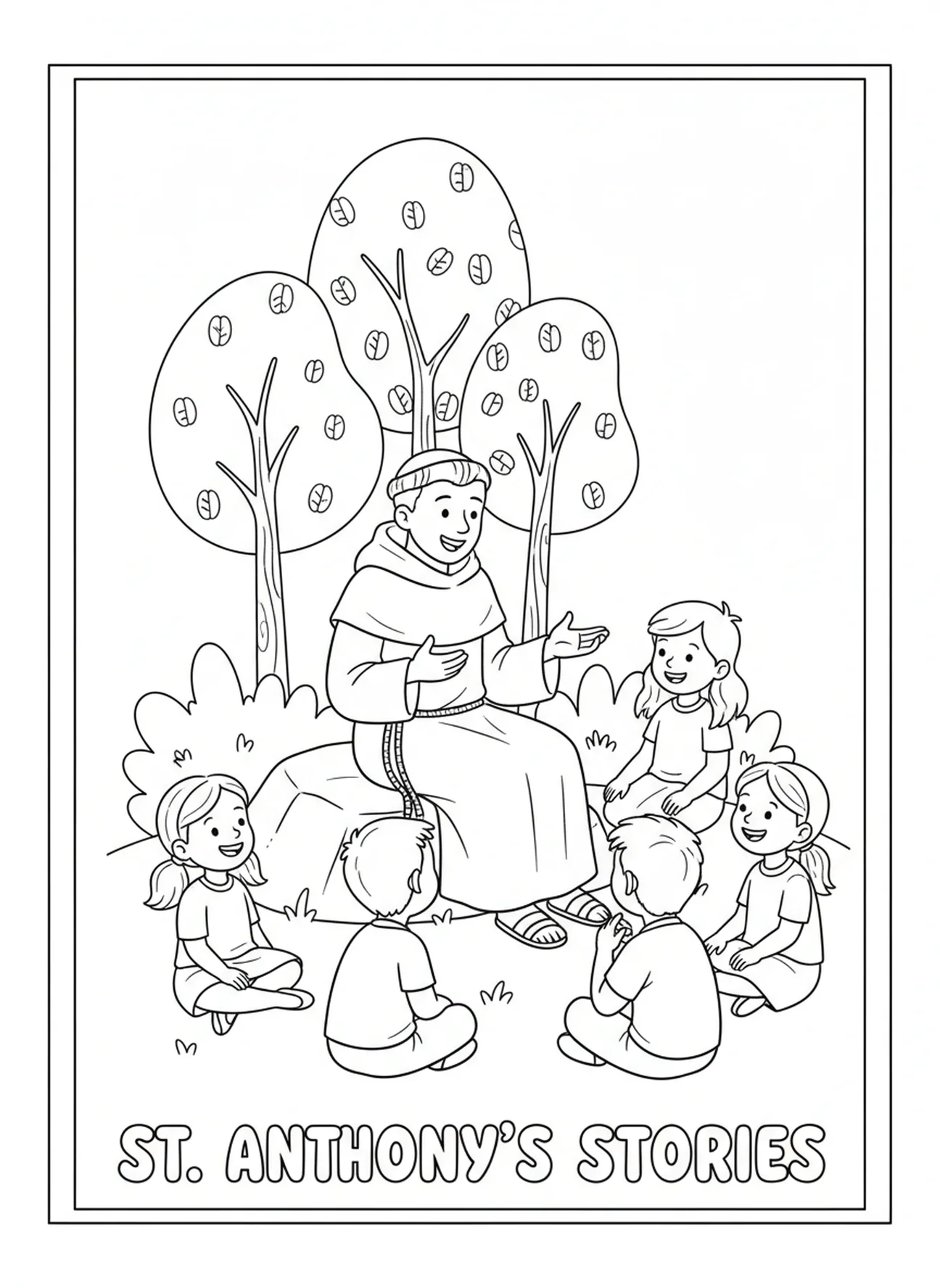 St. Anthony telling stories to children, St Anthony Padua coloring page for kids age 5-10