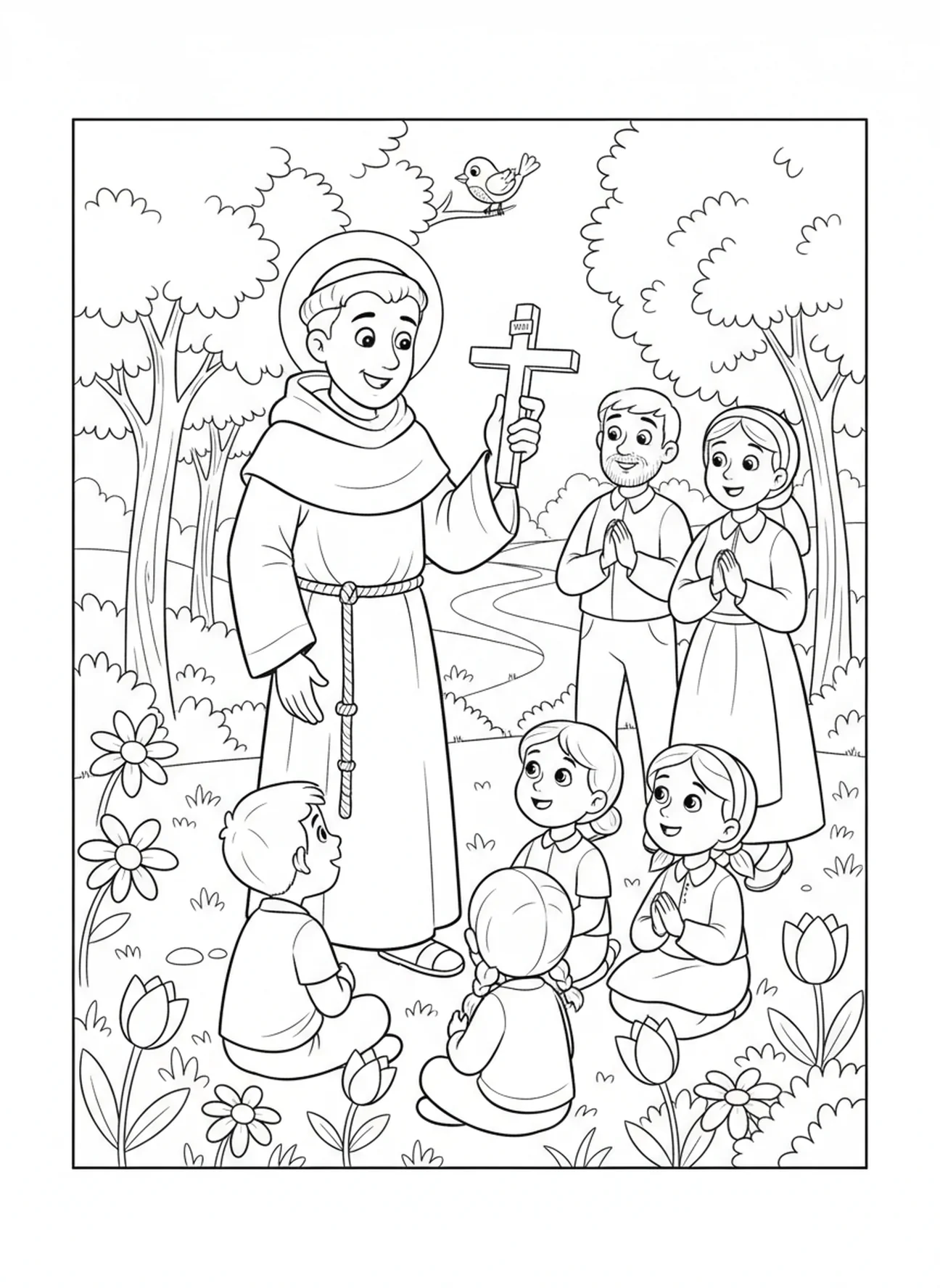 St. Anthony holding a crucifix, St Anthony Padua coloring page for kids age 5-10