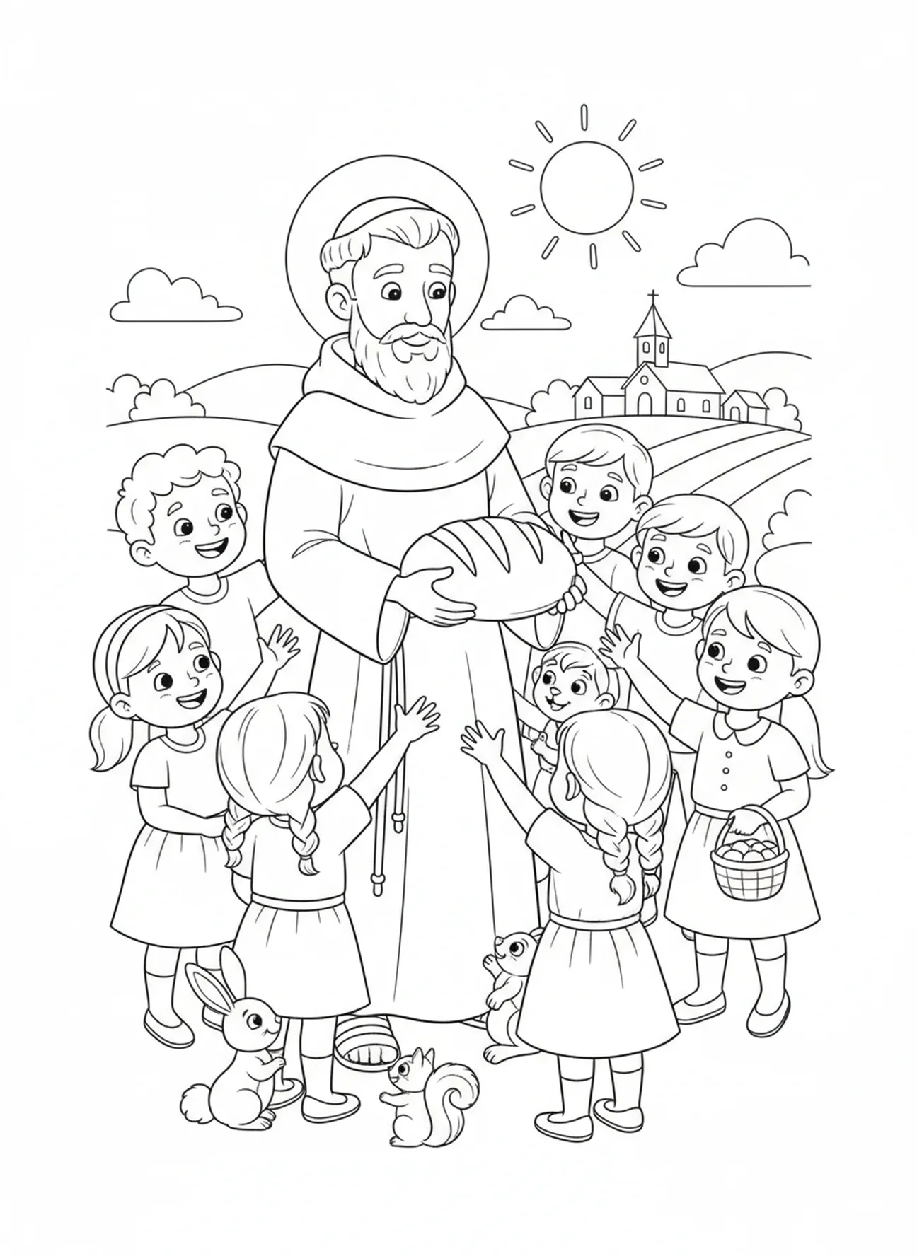 St. Anthony holding bread, St Anthony Padua coloring page for kids age 5-10