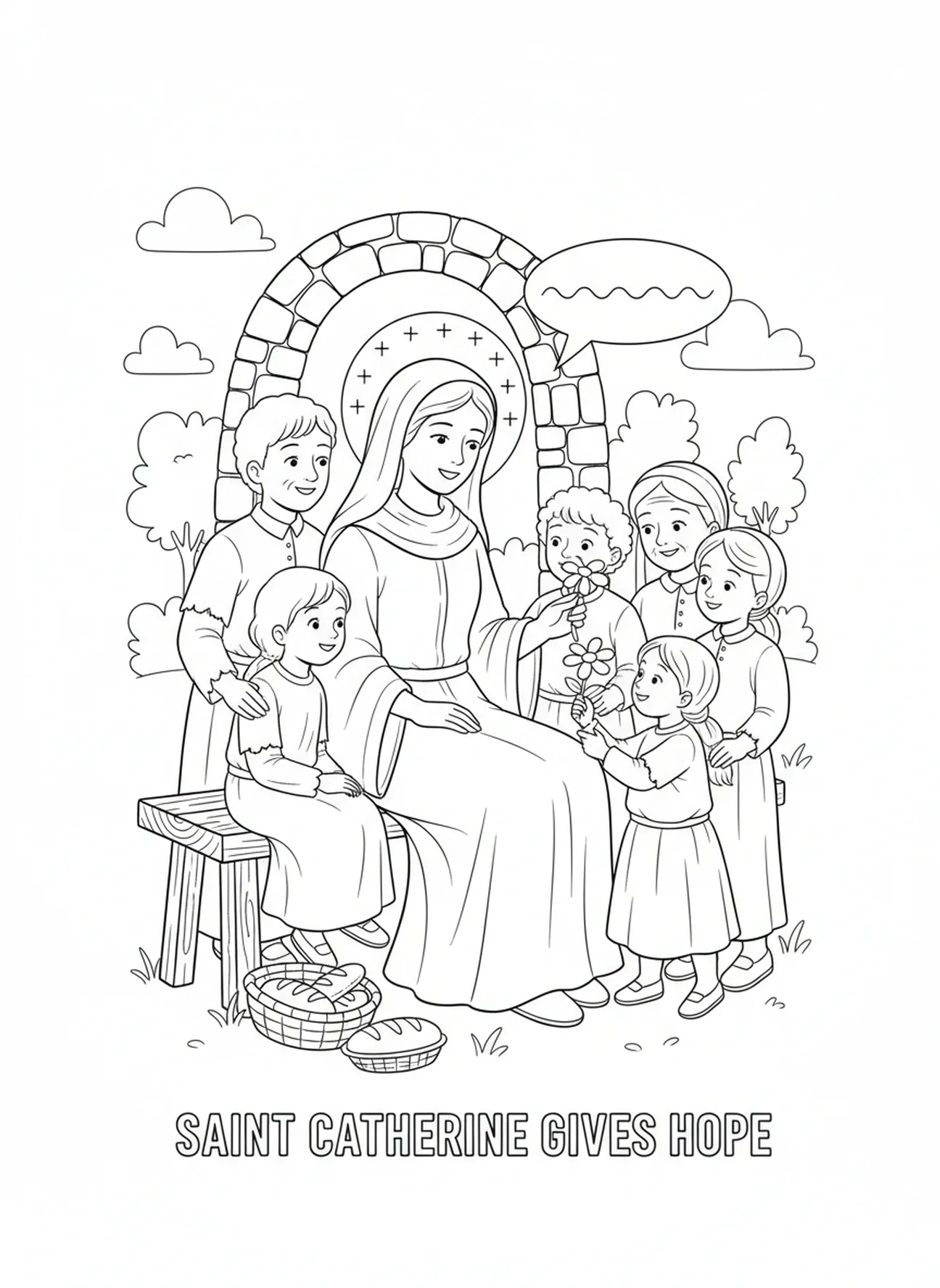 St Catherine sharing comfort, St Catherine Siena coloring page for kids age 5-10.