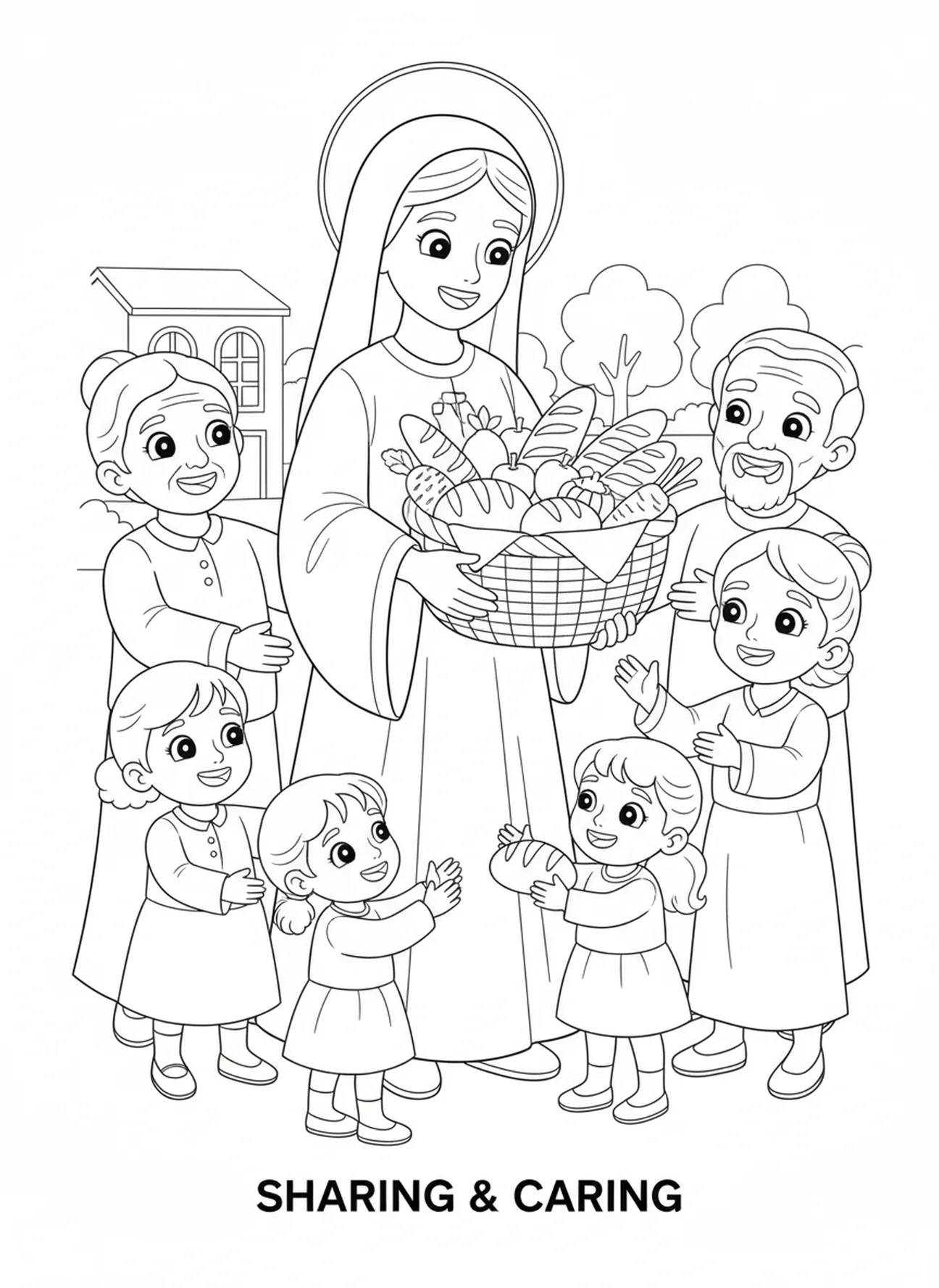 St Catherine offering food, St Catherine Siena coloring page for kids age 5-10.