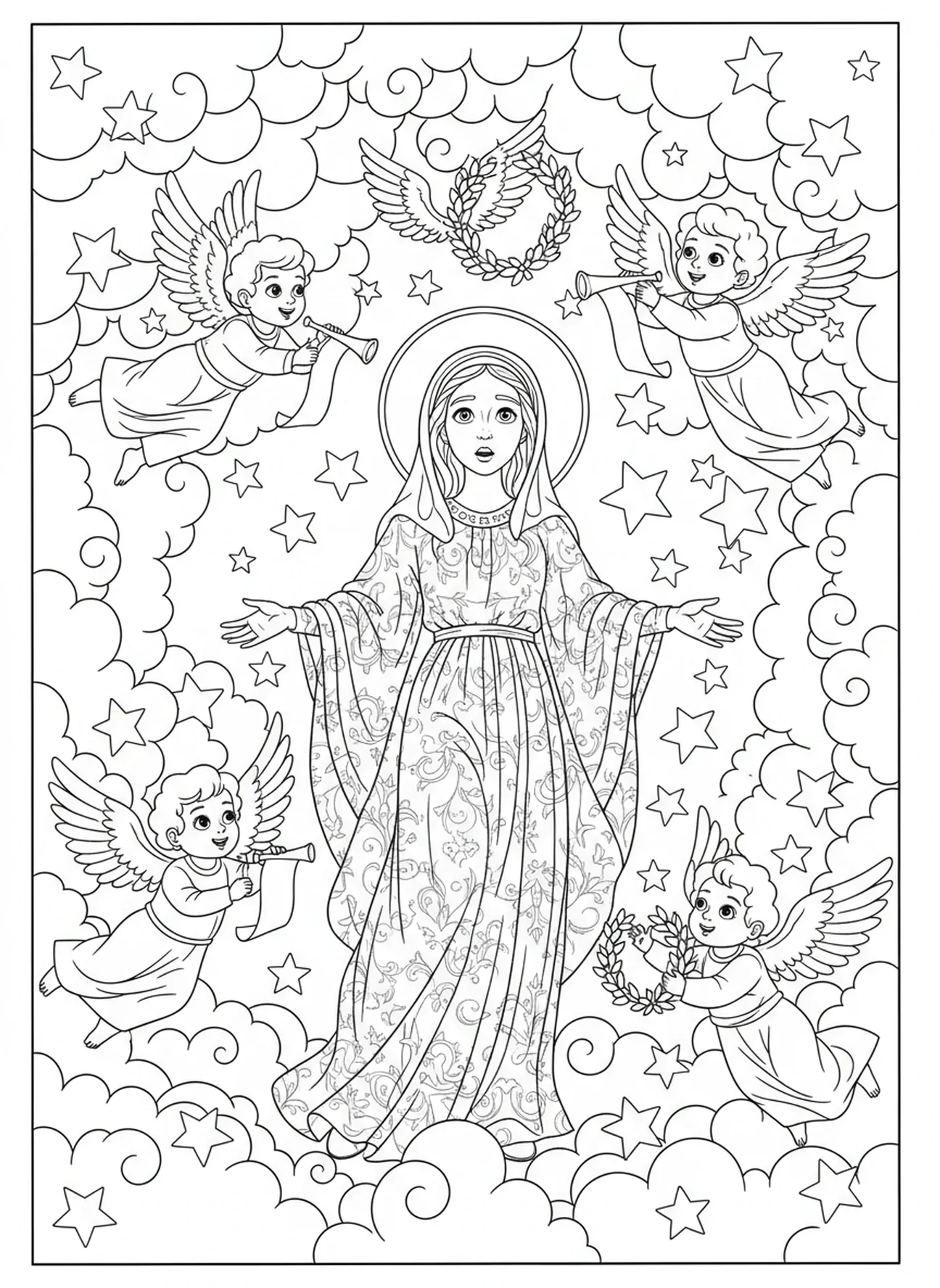 St Catherine gazing at angels, St Catherine Siena coloring page for kids age 5-10.