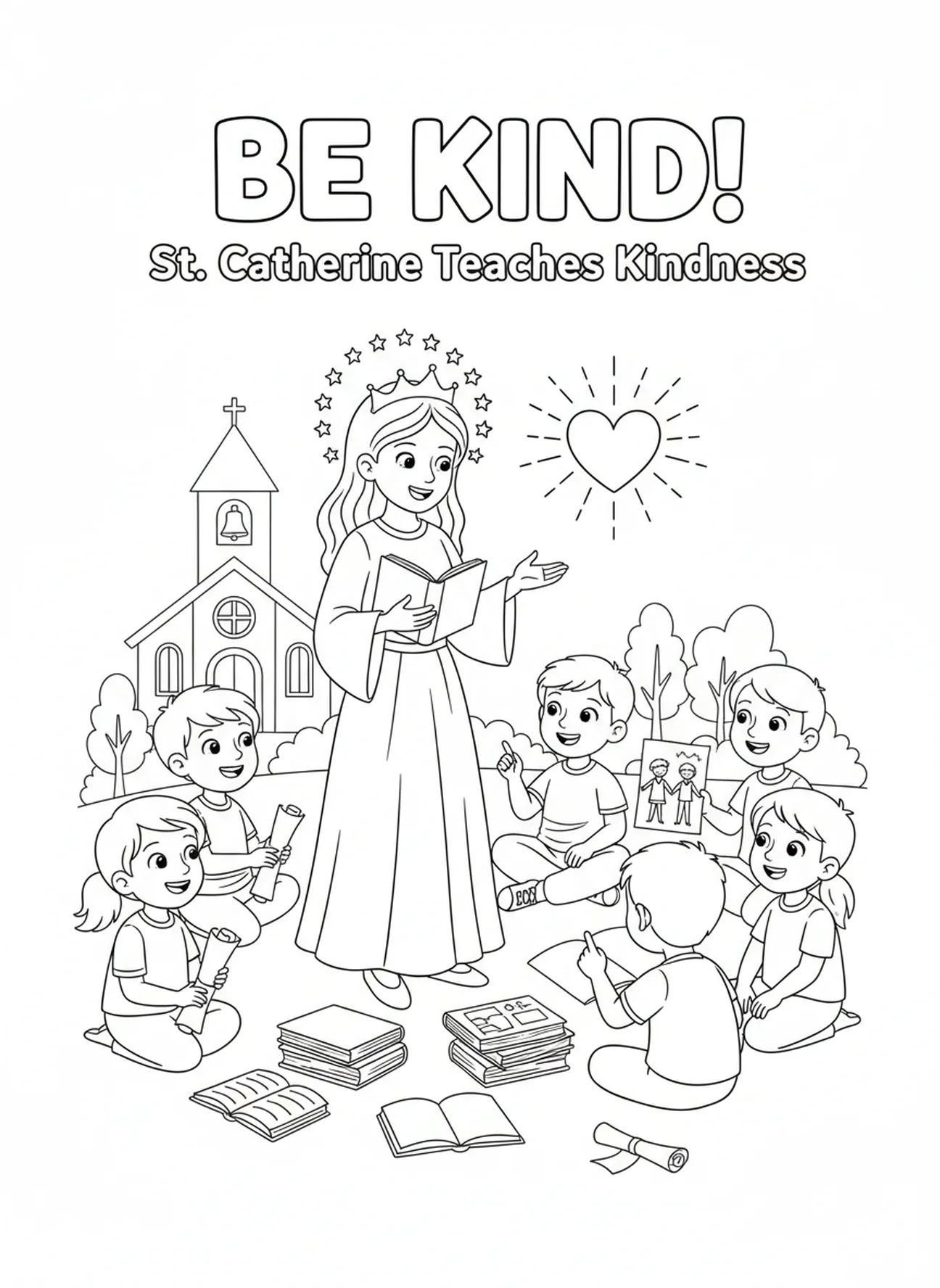 St Catherine teaching children, St Catherine Siena coloring page for kids age 5-10.