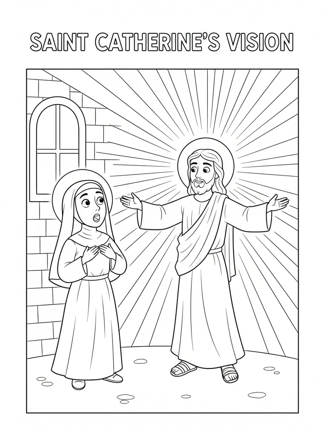 St Catherine seeing Jesus, St Catherine Siena coloring page for kids age 5-10.