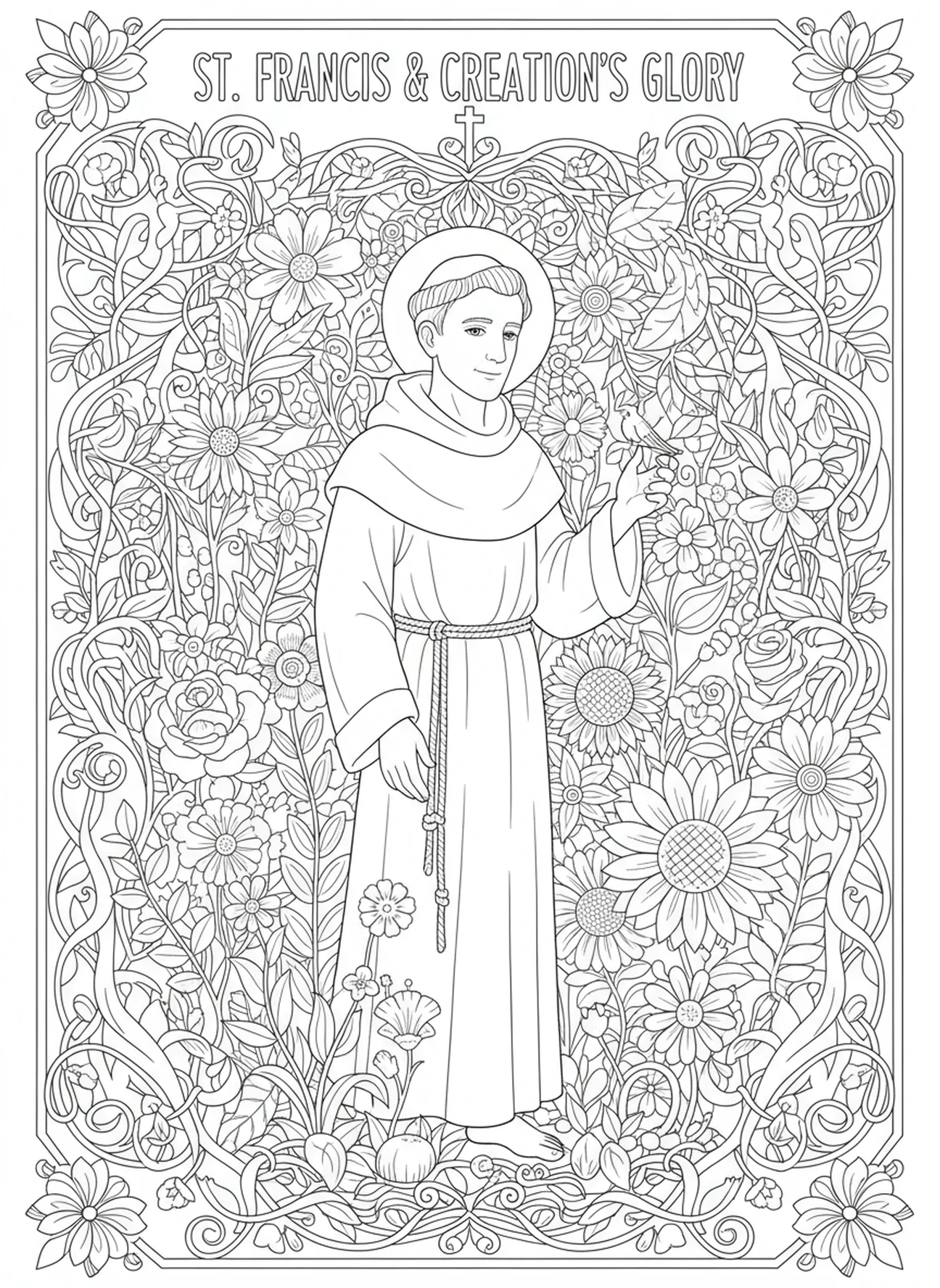 St Francis surrounded by flowers, St Francis Assisi coloring page for adults Bible journaling style.