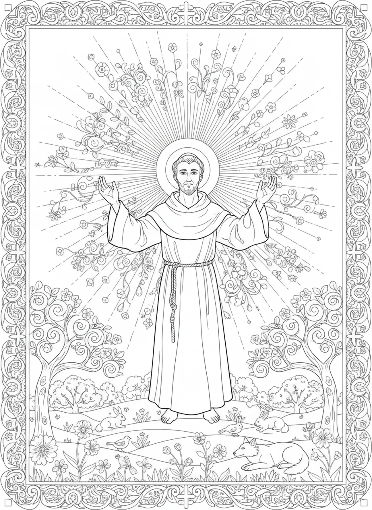St Francis raising arms to the sun, St Francis Assisi coloring page for adults Bible journaling style.