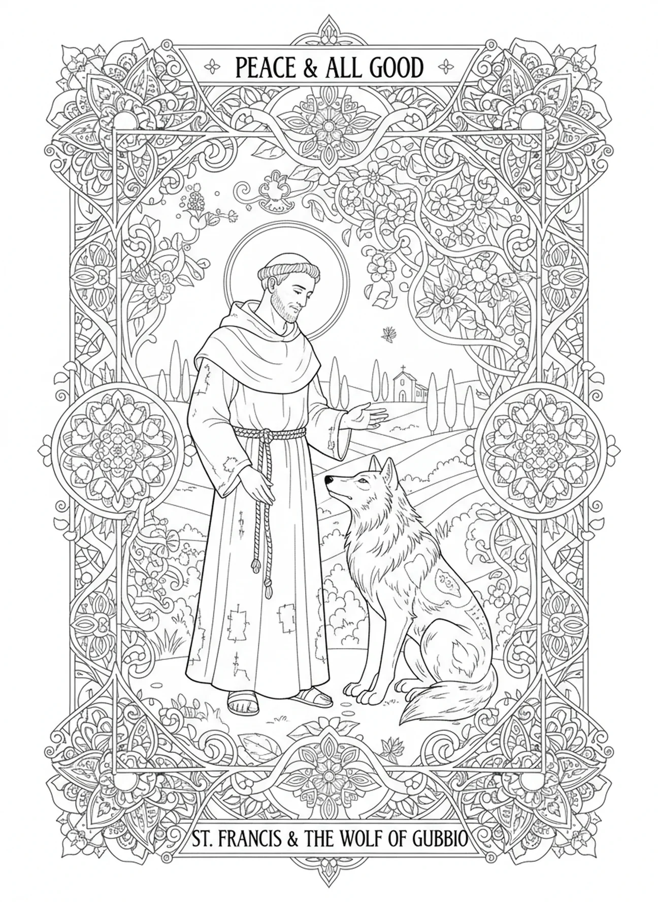 St Francis confronting the wolf, St Francis Assisi coloring page for adults Bible journaling style.