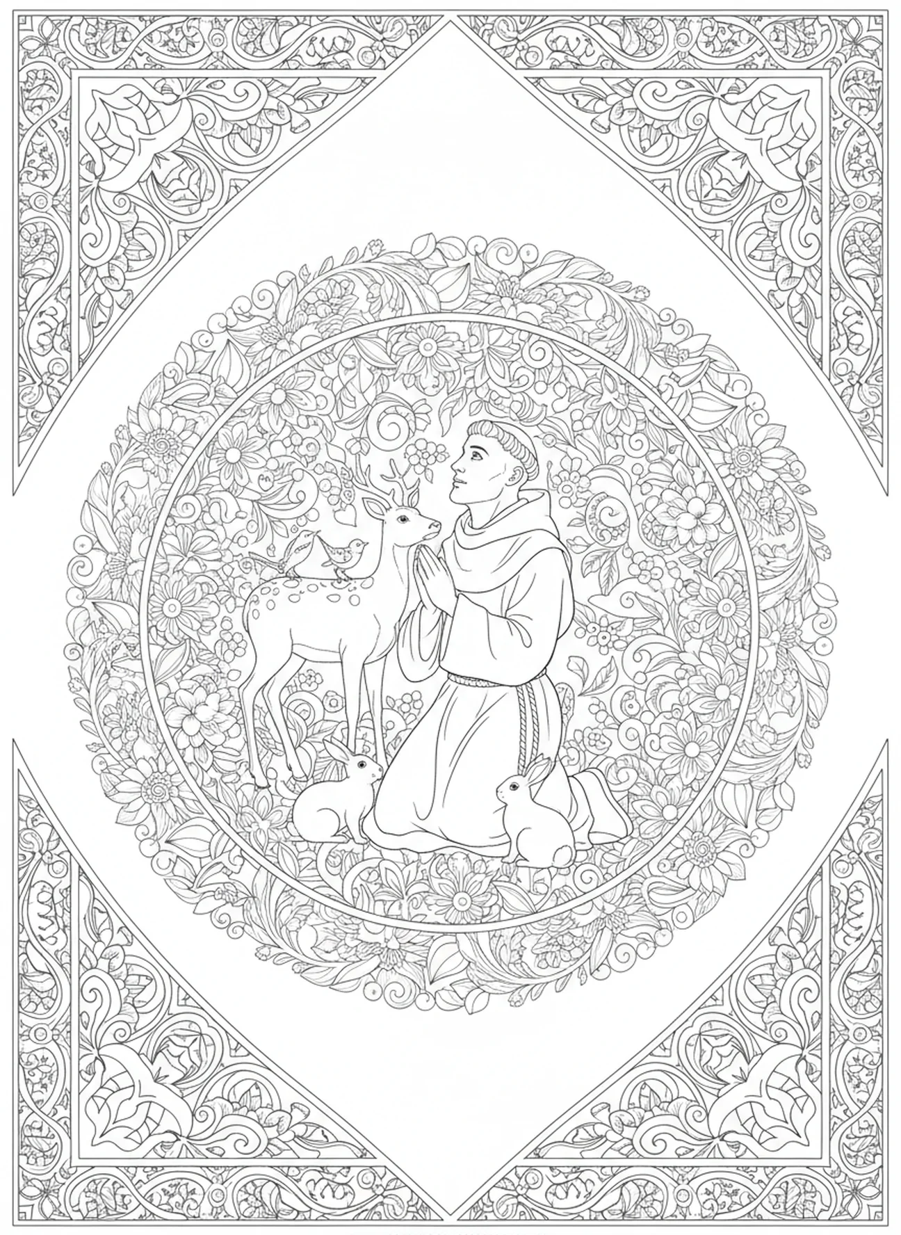 St Francis interacting with animals, St Francis Assisi coloring page for adults Bible journaling style.