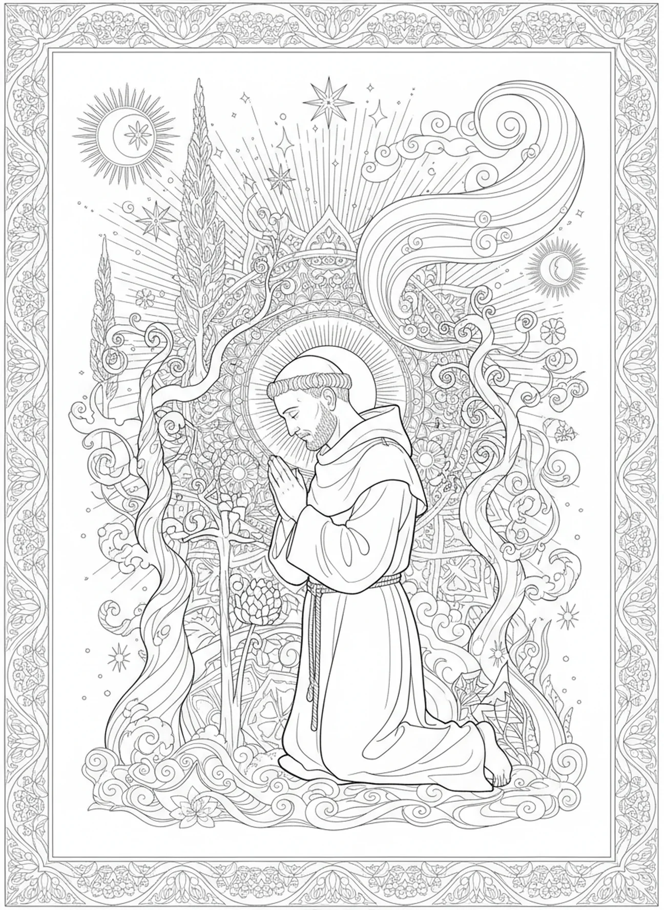 St Francis in prayer, St Francis Assisi coloring page for adults Bible journaling style.