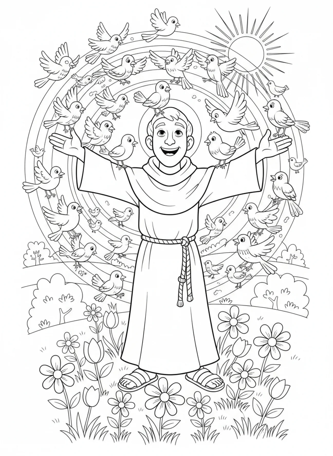 Der heilige Franziskus mit Vögeln, Ausmalbild für Kinder im Alter von 5-10 Jahren