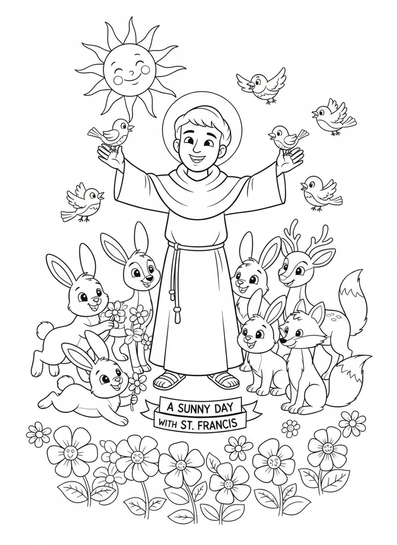 Der heilige Franziskus mit Sonne und Tieren, Ausmalbild für Kinder im Alter von 5-10 Jahren