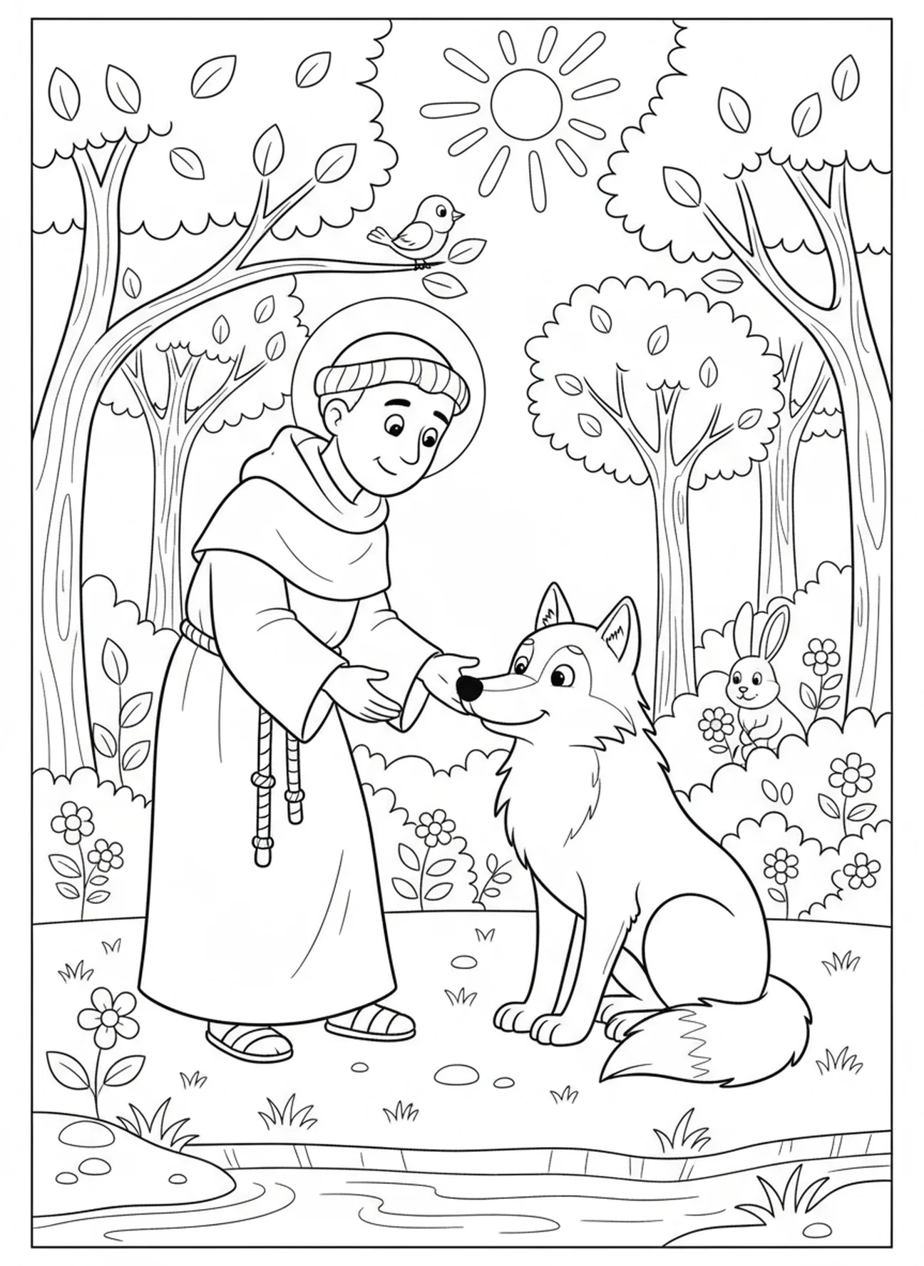 Der heilige Franziskus mit einem Wolf, Ausmalbild für Kinder im Alter von 5-10 Jahren