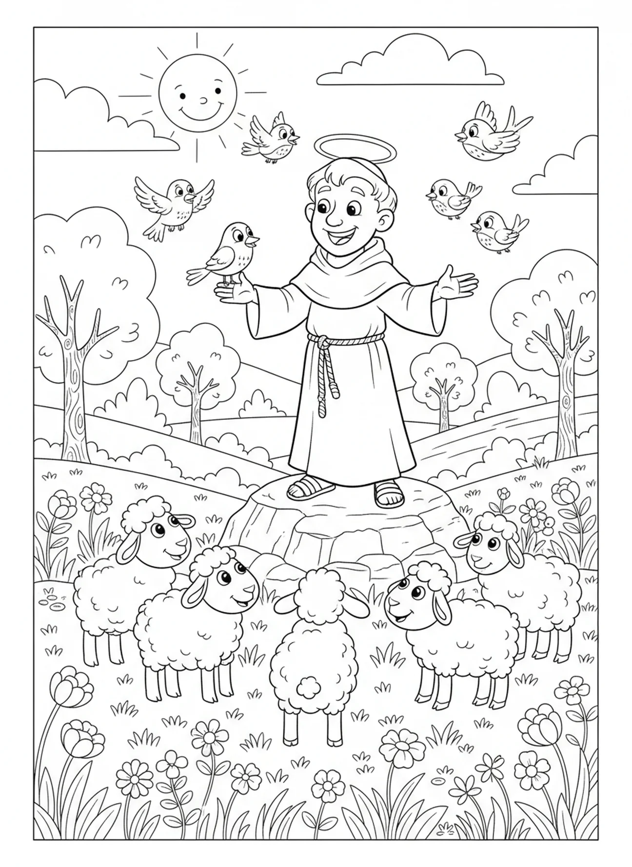 Der heilige Franziskus predigt zu Tieren, Ausmalbild des heiligen Franziskus von Assisi für Kinder im Alter von 5-10 Jahren
