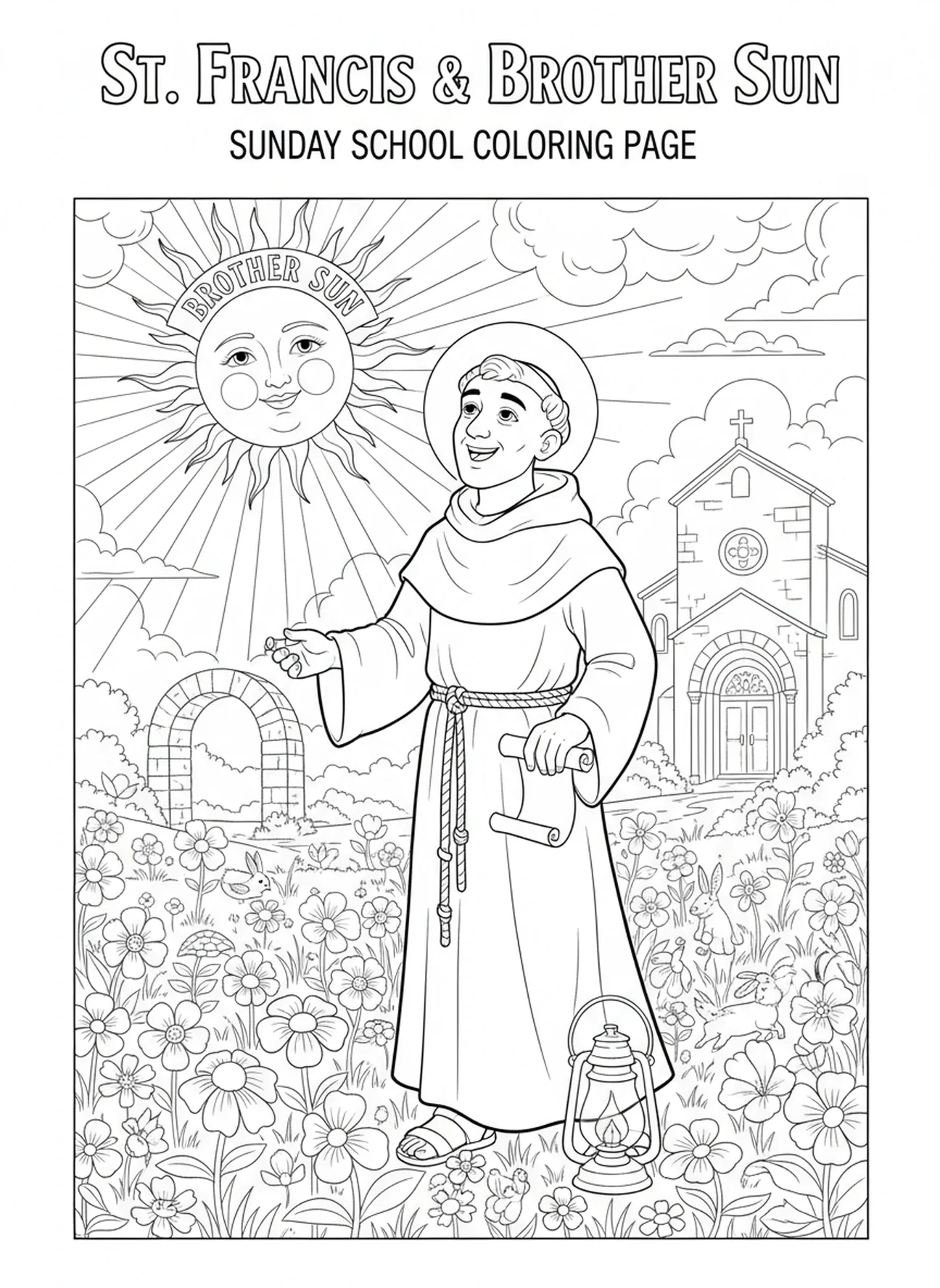 Saint François avec Frère Soleil, page à colorier de Saint François d'Assise pour les enfants de l'École du dimanche âgés de 5 à 12 ans.