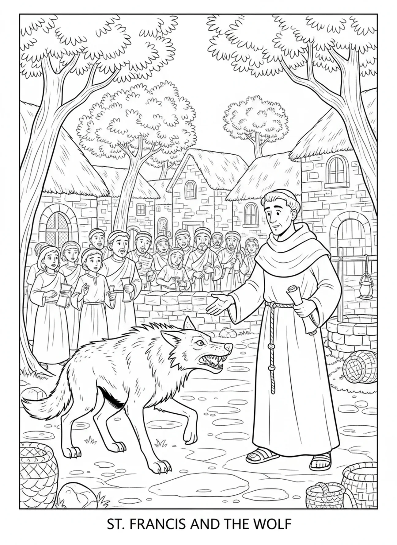 Saint François s'approchant d'un loup, page à colorier de Saint François d'Assise pour les enfants de l'École du dimanche âgés de 5 à 12 ans.