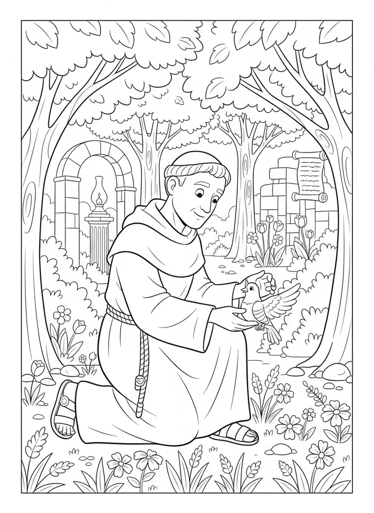Saint François guérissant un animal malade, page à colorier de Saint François d'Assise pour les enfants de catéchisme âgés de 5 à 12 ans.
