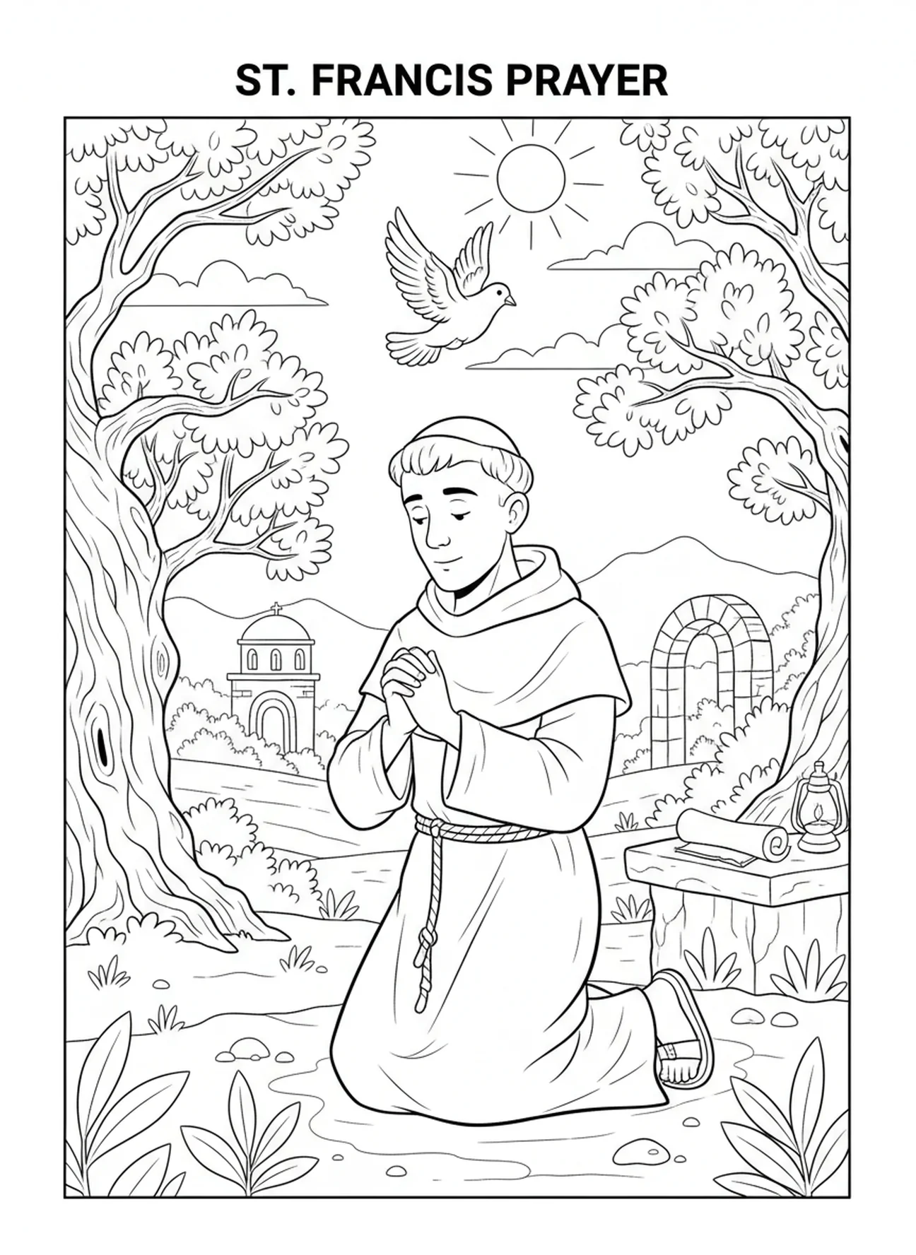 Saint François en prière avec une colombe, page à colorier Saint François d'Assise pour les enfants de l'école du dimanche âgés de 5 à 12 ans.
