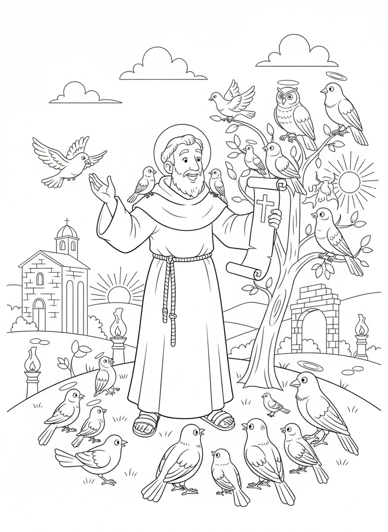 Saint François prêchant aux oiseaux, page à colorier Saint François d'Assise pour les enfants de l'École du dimanche âgés de 5 à 12 ans.