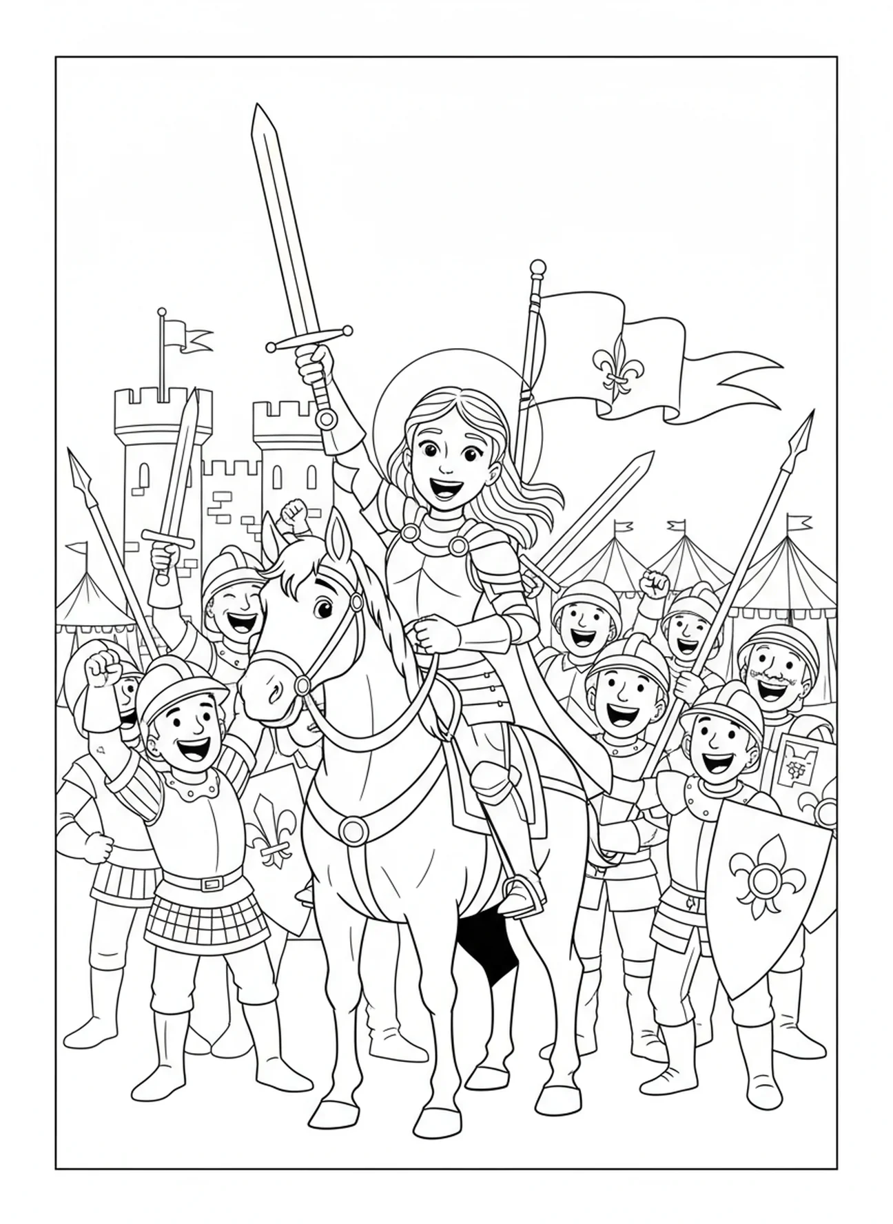 Die Heilige Johanna von Orleans ermutigt Soldaten, Ausmalbild von der Heiligen Johanna von Orleans für Kinder im Alter von 5-10 Jahren.