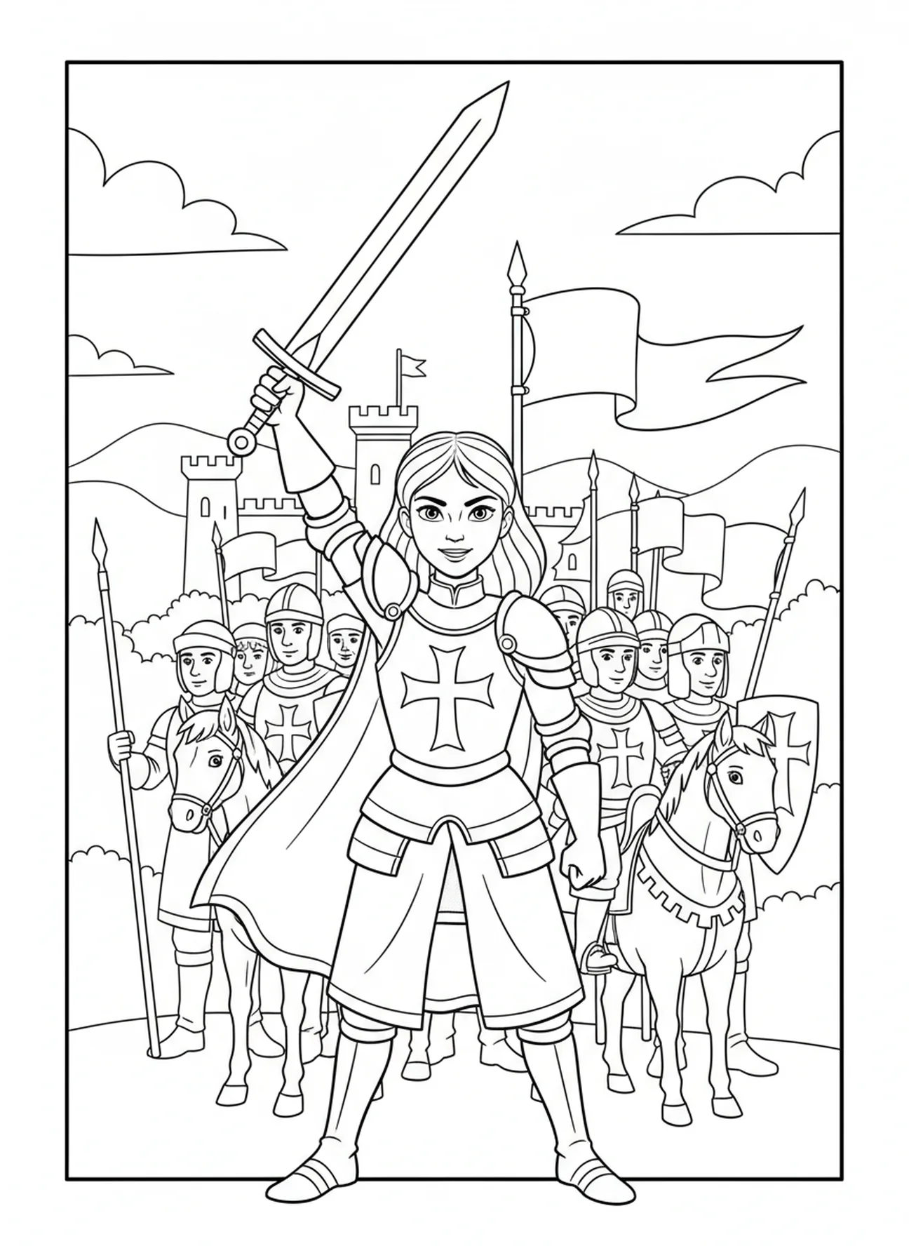 Die heldenhafte Standhaftigkeit von St. Johanna von Orleans, Ausmalbild von St. Johanna für Kinder im Alter von 5-10 Jahren.