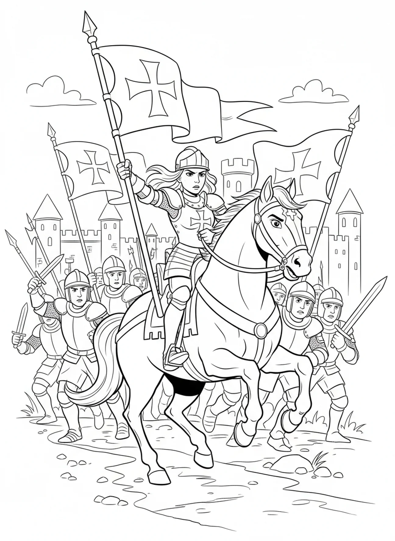 Die heilige Johanna von Orleans zu Pferd, Ausmalbild von der heiligen Johanna von Orleans für Kinder im Alter von 5-10 Jahren.