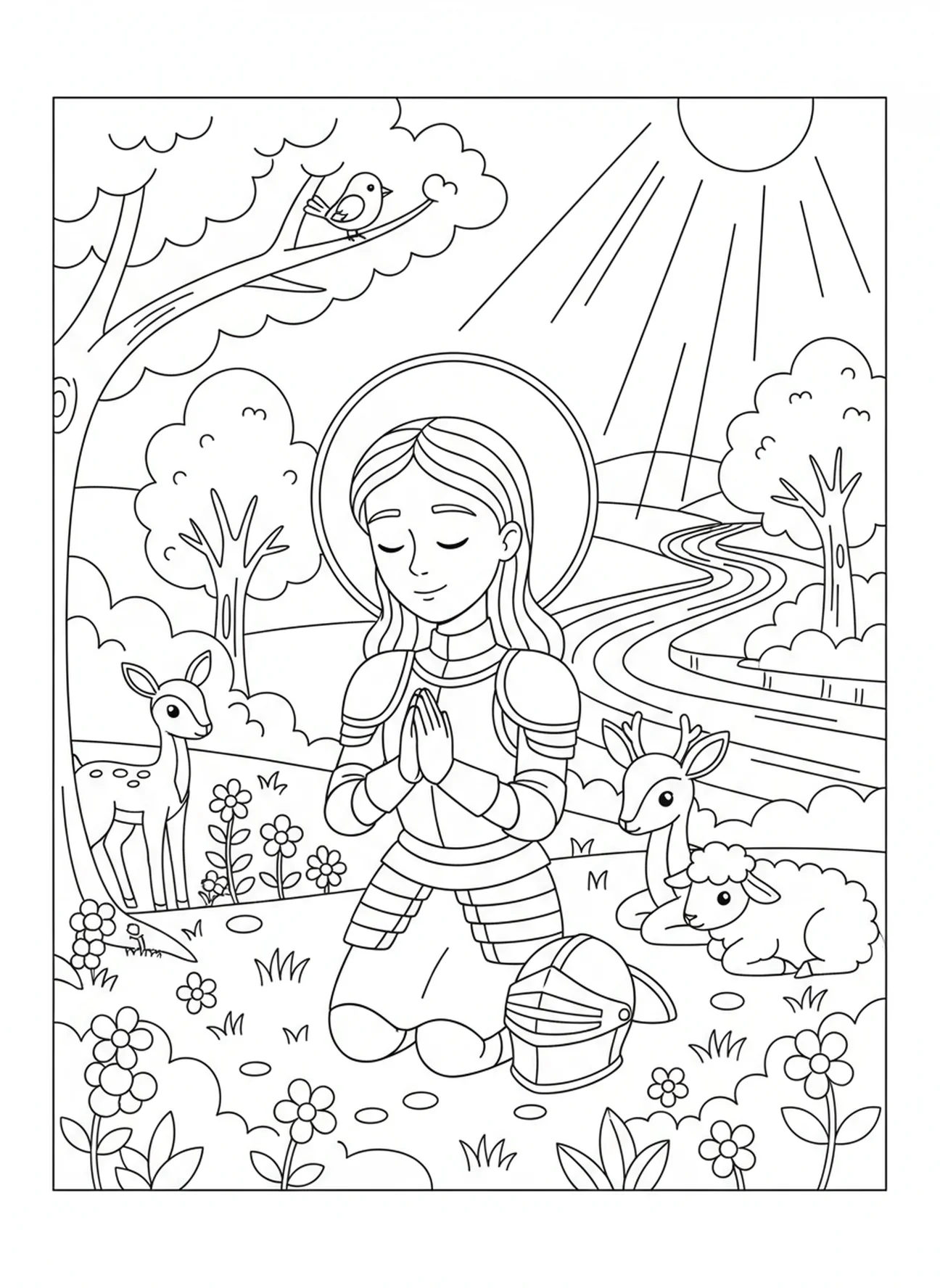 Die heilige Johanna von Orleans betet, Ausmalbild von der heiligen Johanna von Orleans für Kinder im Alter von 5-10 Jahren.