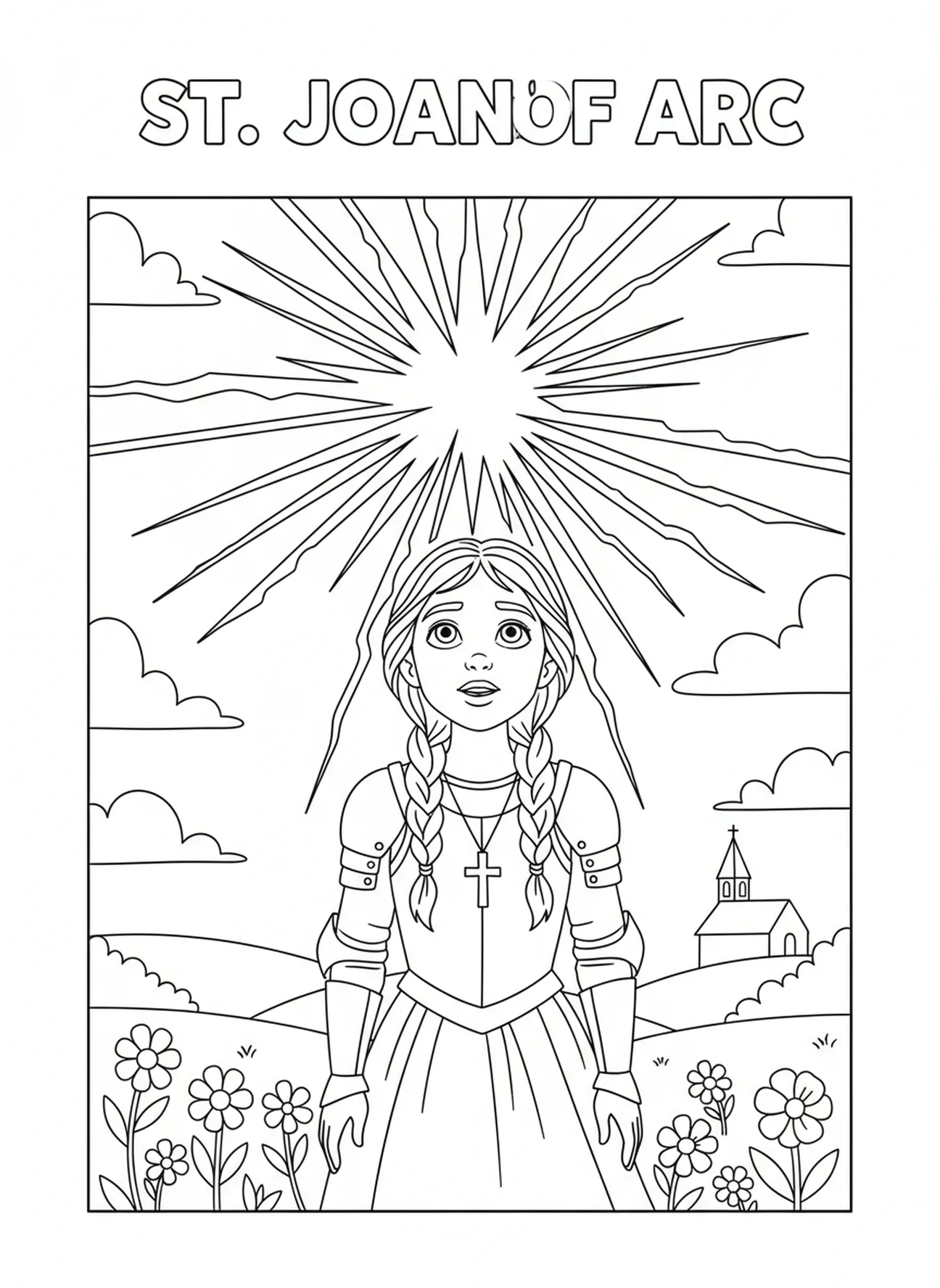 Die heilige Johanna von Orleans sucht nach Führung, Ausmalbild von der heiligen Johanna von Orleans für Kinder im Alter von 5-10 Jahren.