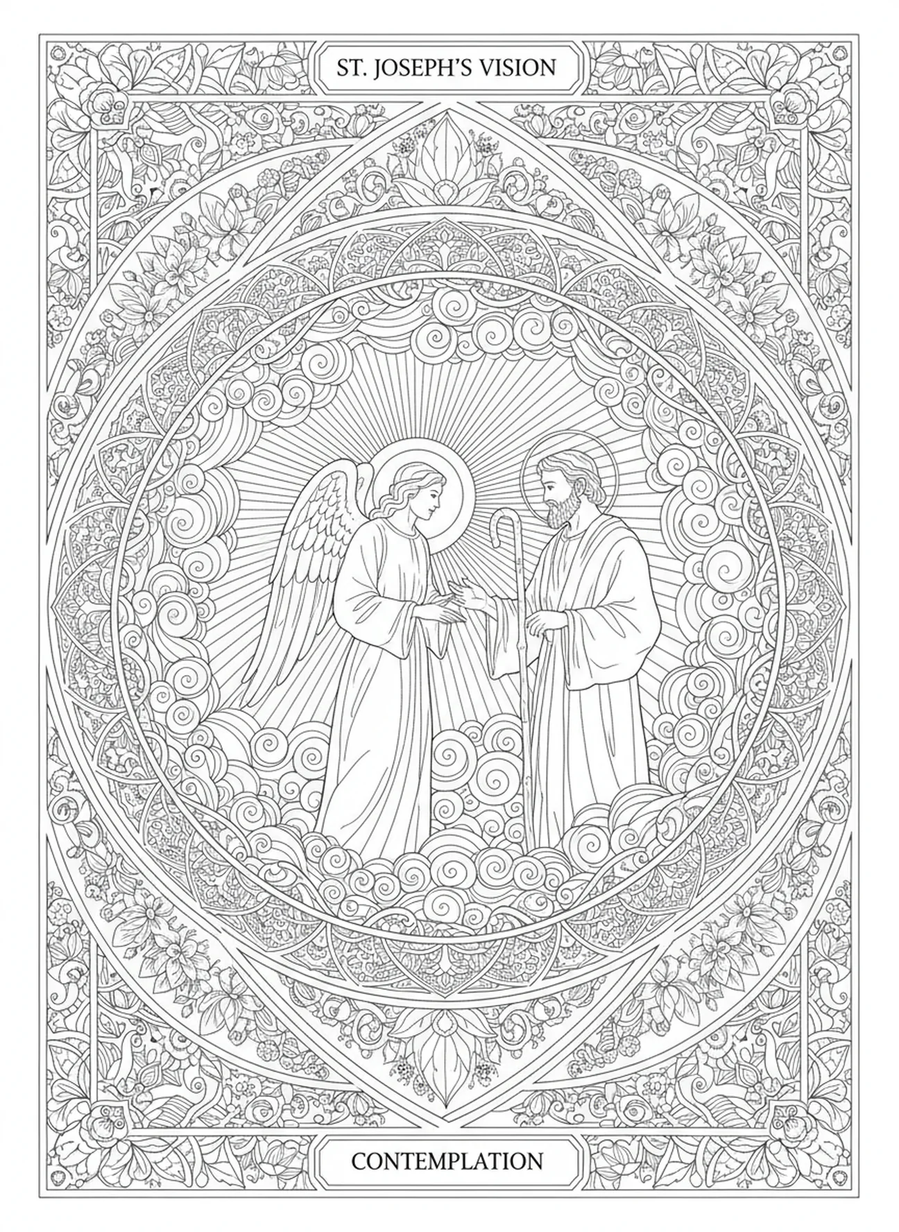 St. Joseph speaking with an angel, St Joseph coloring page for adults Bible journaling style.