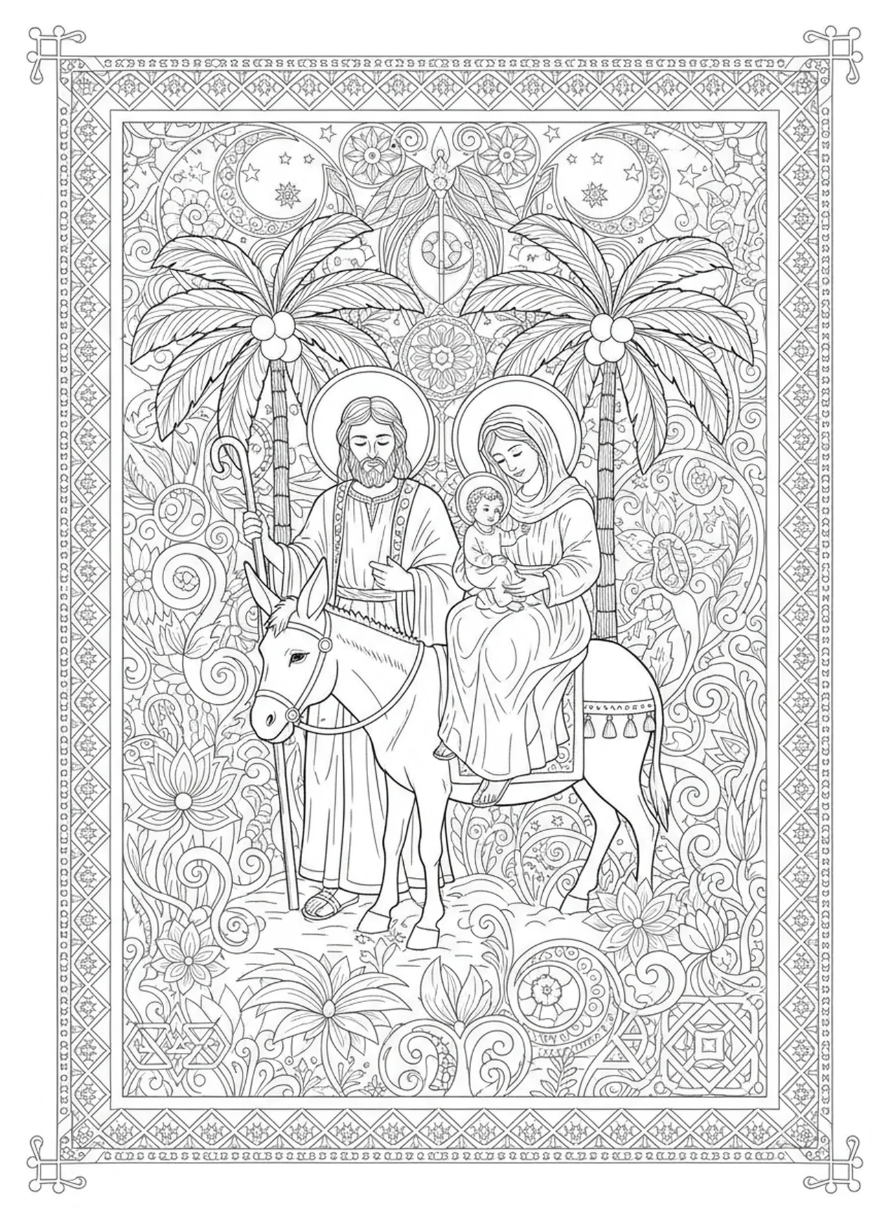St. Joseph fleeing to Egypt, St Joseph coloring page for adults Bible journaling style.