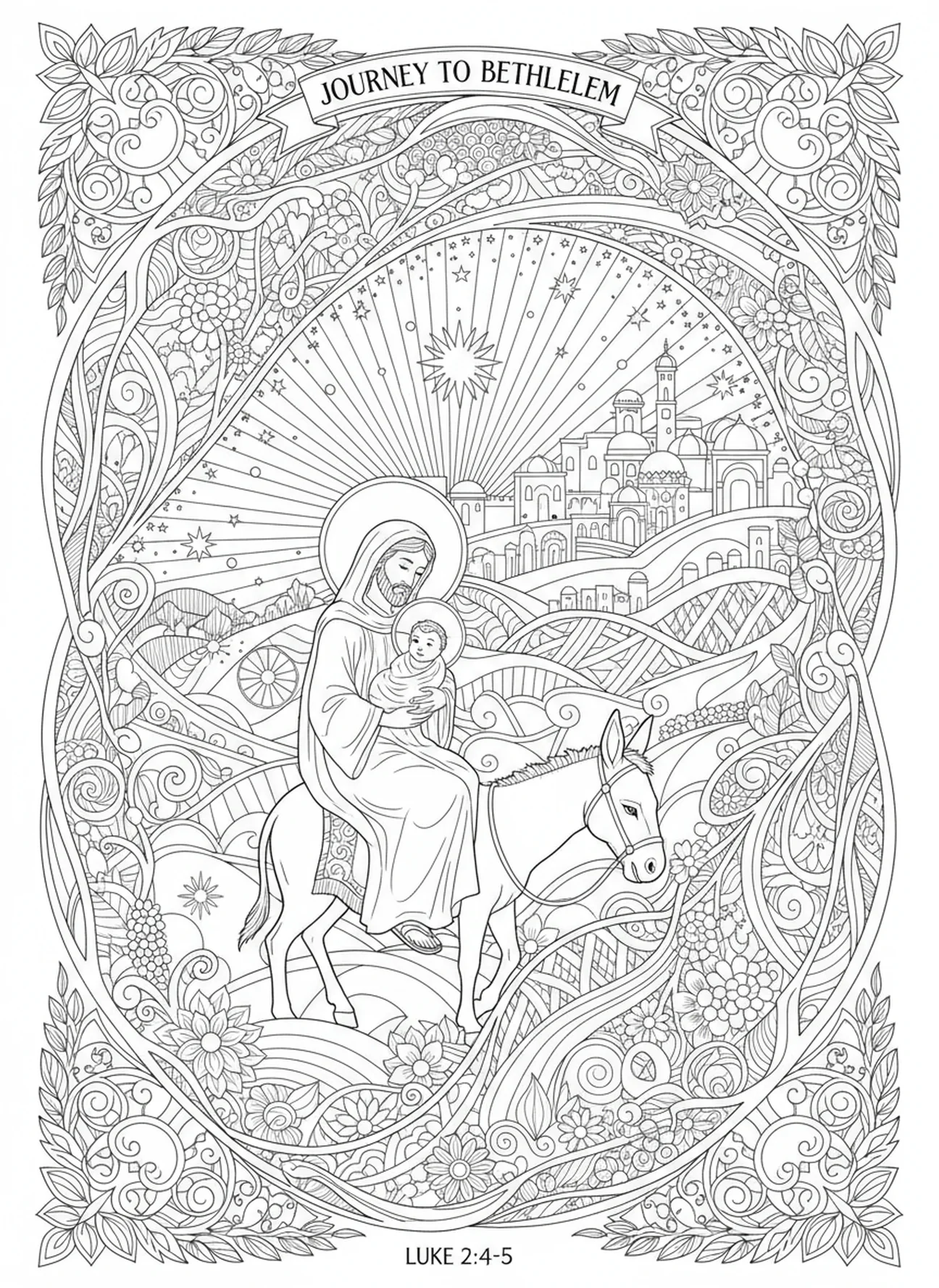 St. Joseph guiding Mary, St Joseph coloring page for adults Bible journaling style.