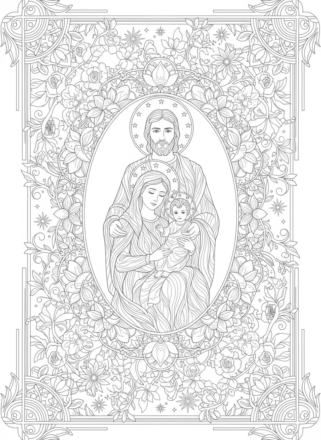 St. Joseph with Mary and Jesus, St Joseph coloring page for adults Bible journaling style.