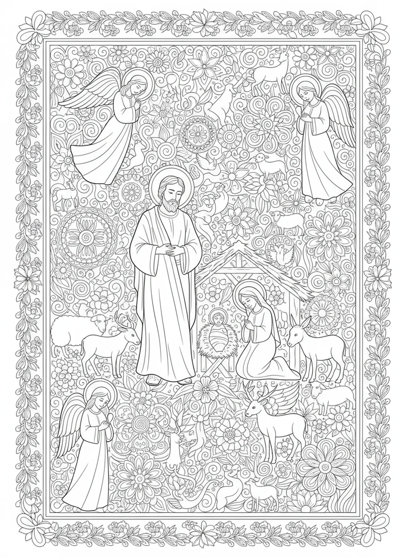 St. Joseph at the nativity, St Joseph coloring page for adults Bible journaling style.