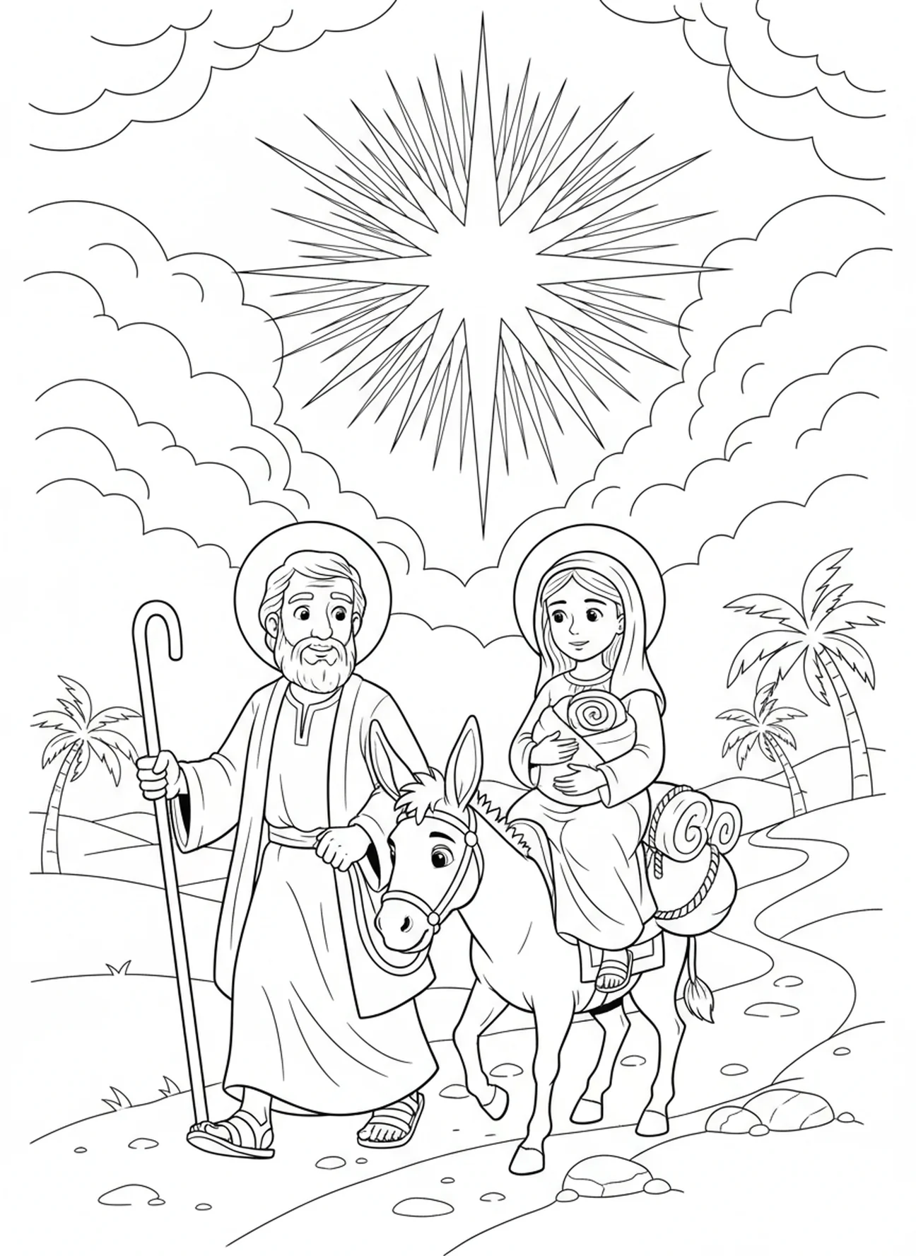 St Joseph leading a donkey, St Joseph coloring page for kids age 5-10