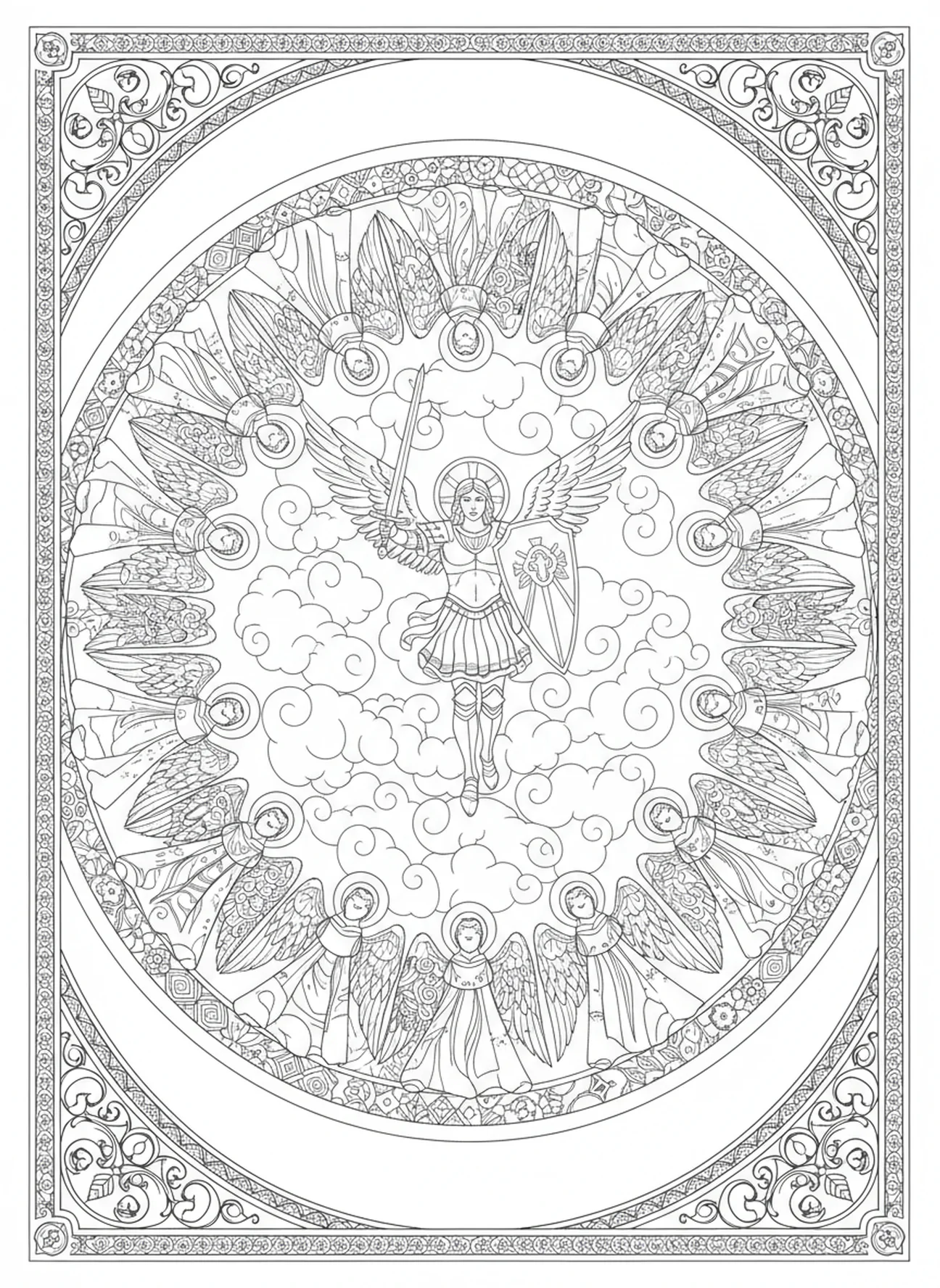 Gathering of angels around St Michael, St Michael coloring page for adults Bible journaling style