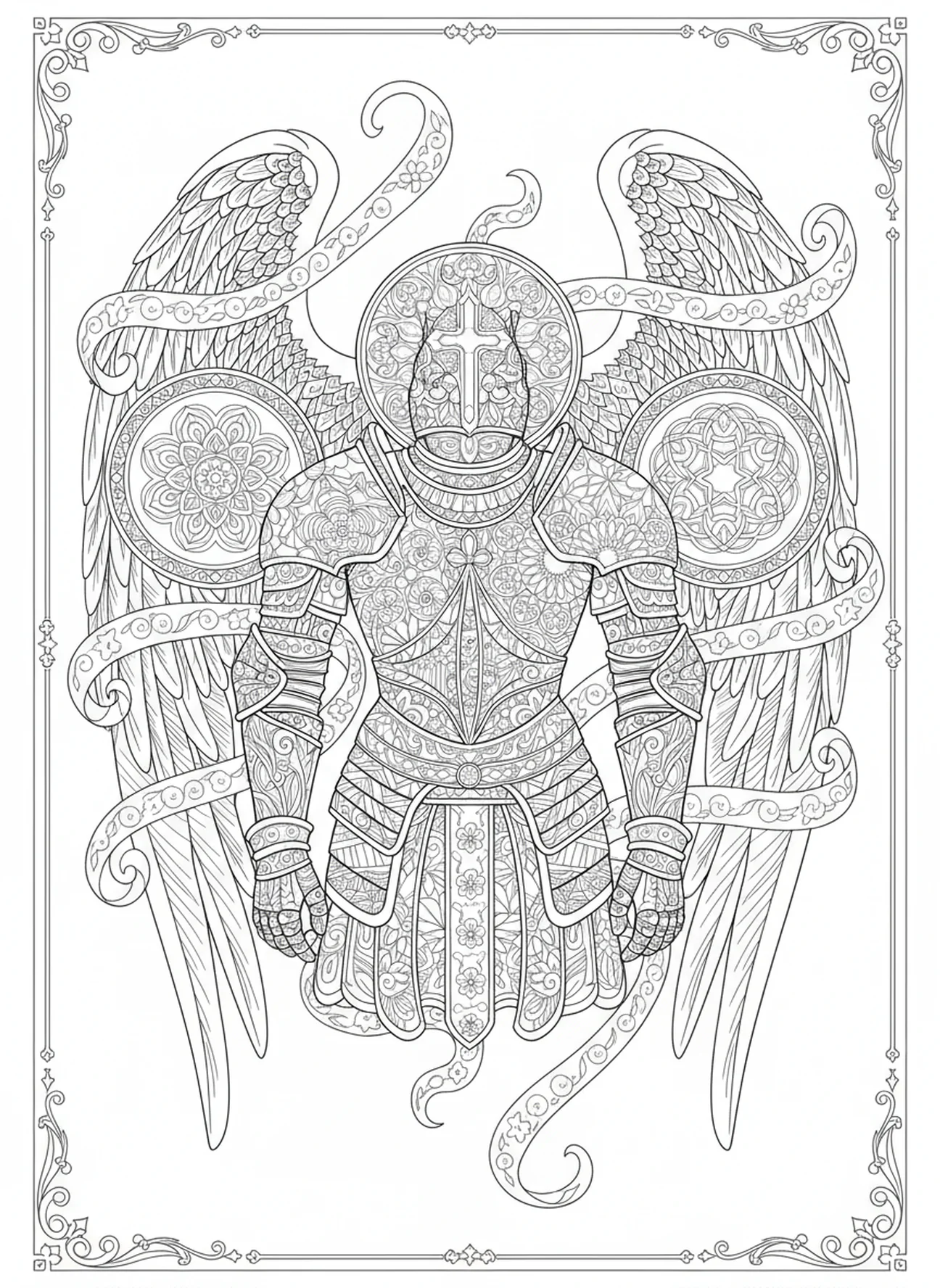 St Michael's ornate armor close-up, St Michael coloring page for adults Bible journaling style