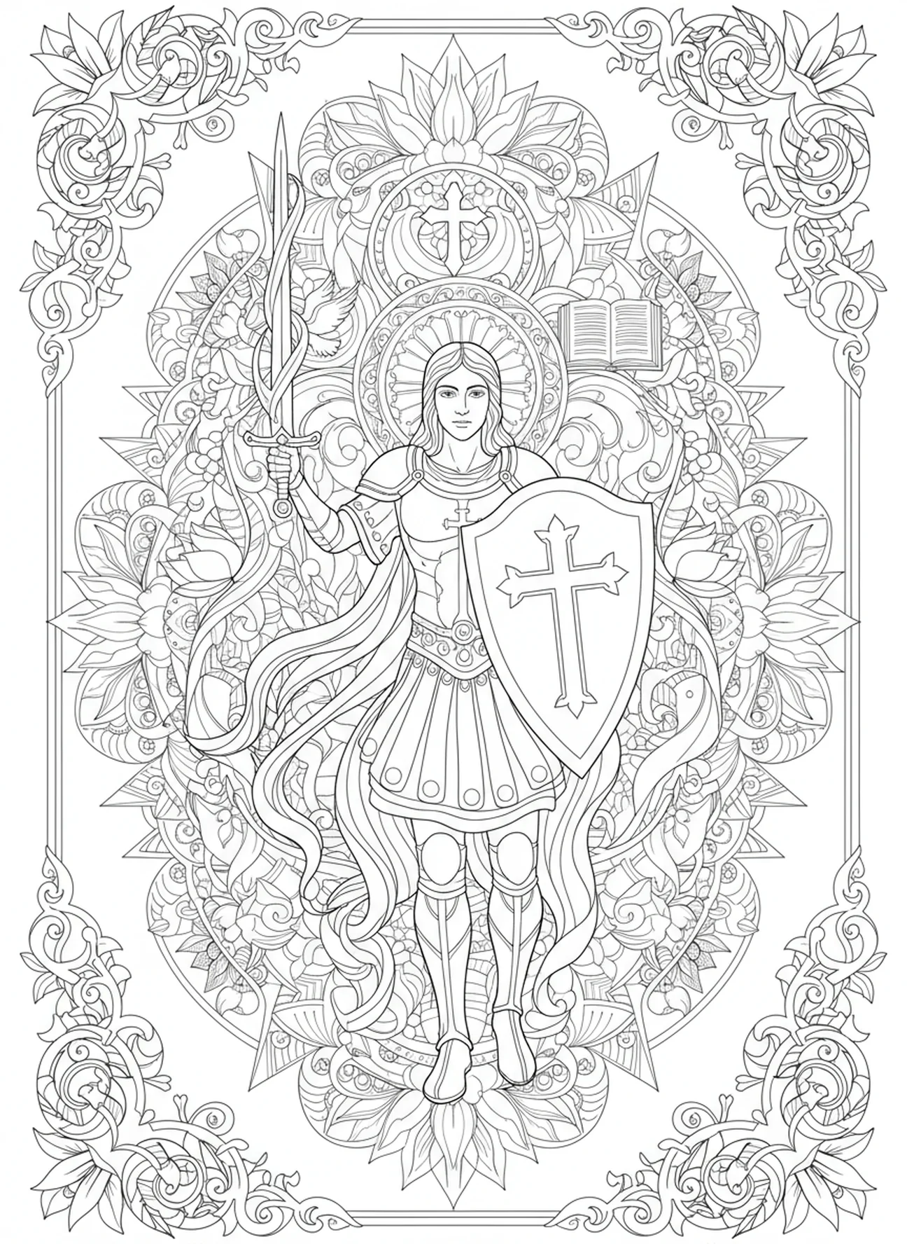 St Michael defending faith with sword and shield, St Michael coloring page for adults Bible journaling style