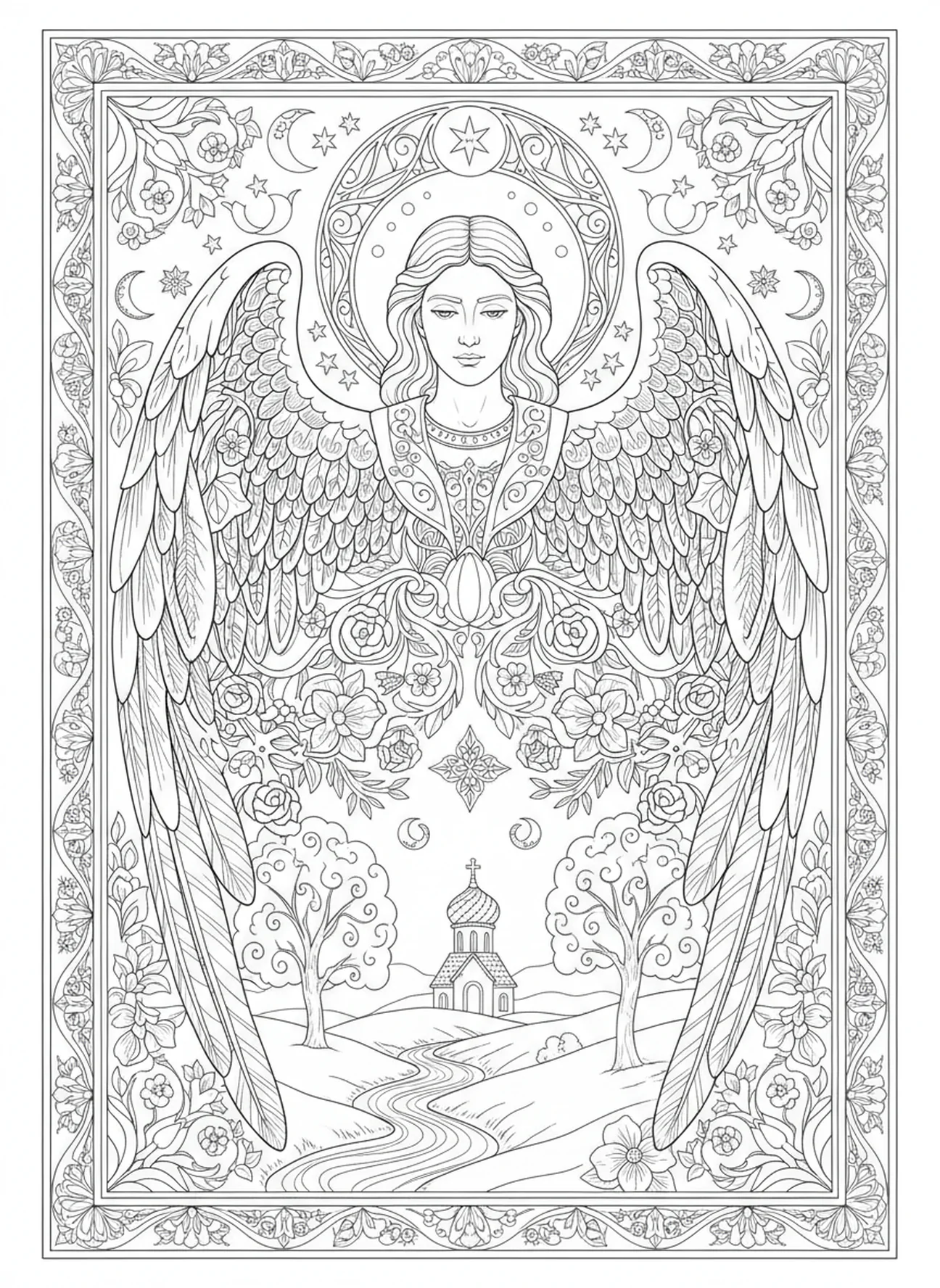 St Michael overseeing a landscape with wings, St Michael coloring page for adults Bible journaling style
