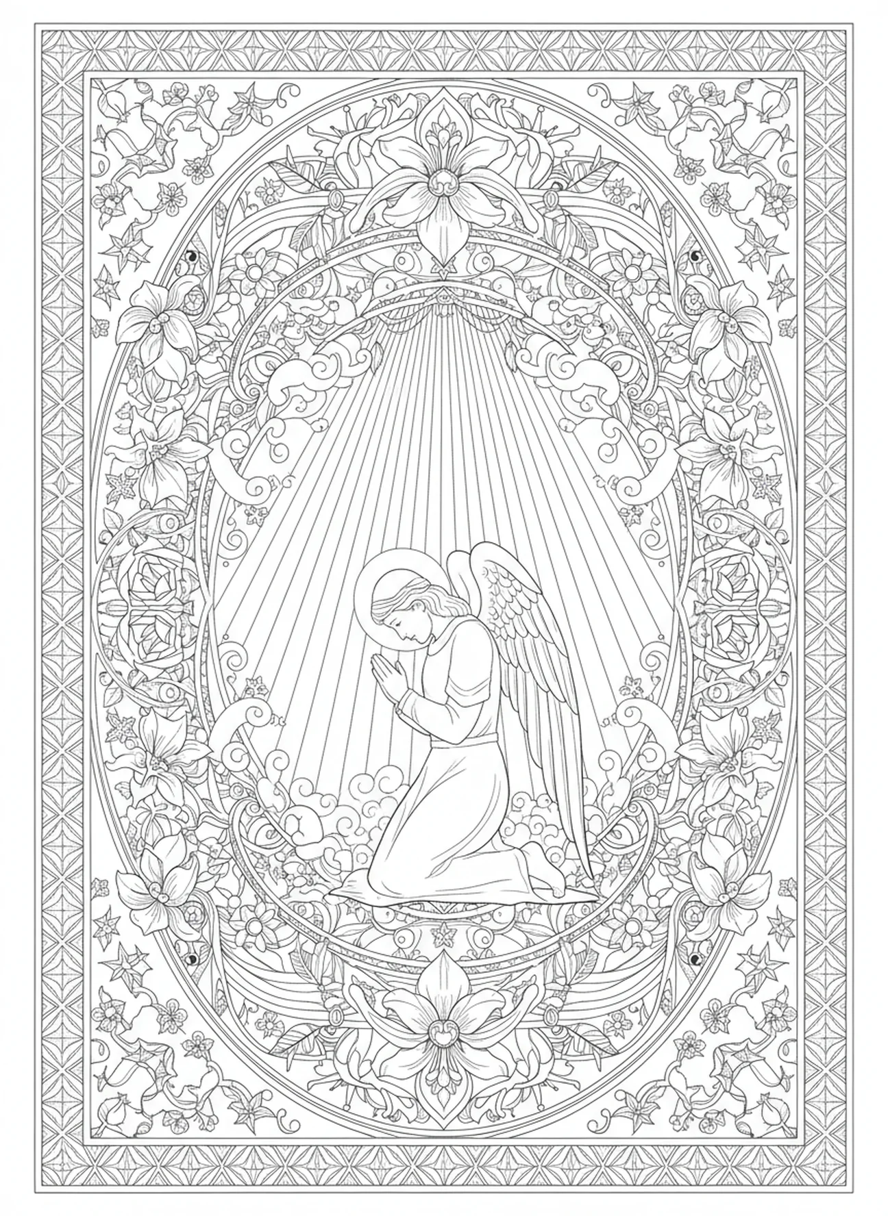 St Michael kneeling in prayer with light rays, St Michael coloring page for adults Bible journaling style