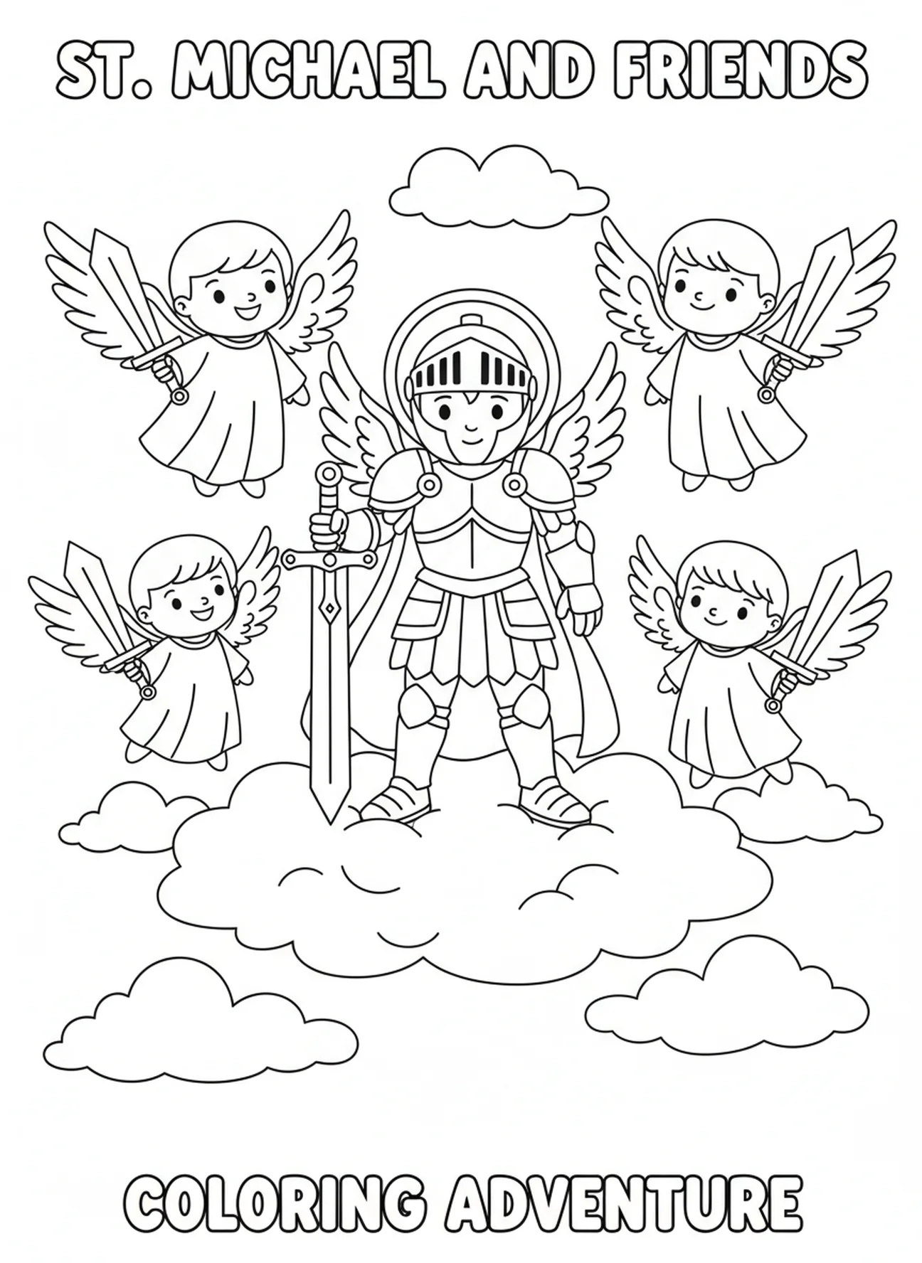 St. Michael umgeben von Engeln, Ausmalbild von St. Michael für Kinder im Alter von 5-10 Jahren.