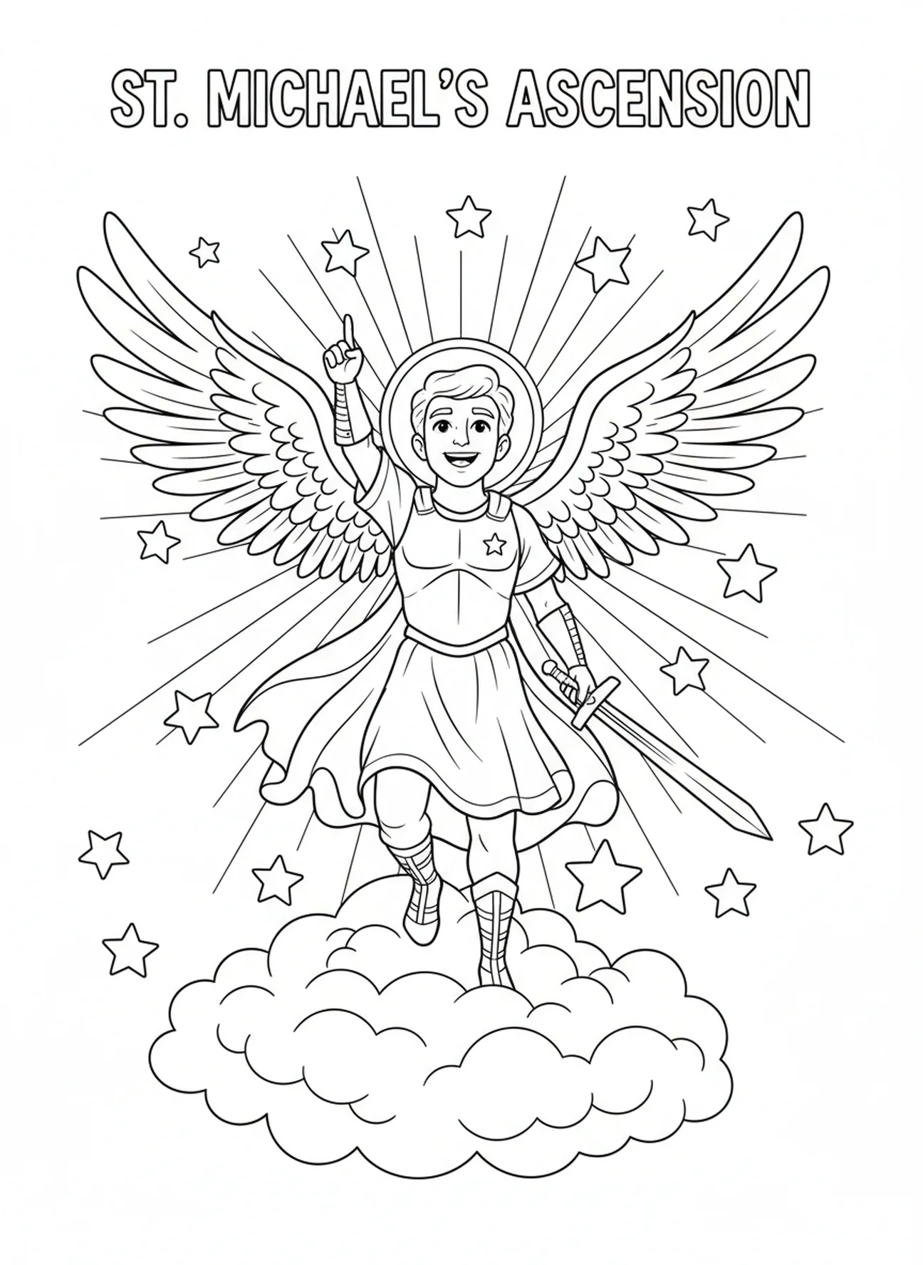 Der hl. Michael, der in den Himmel aufsteigt, Malvorlage für Kinder im Alter von 5-10 Jahren.
