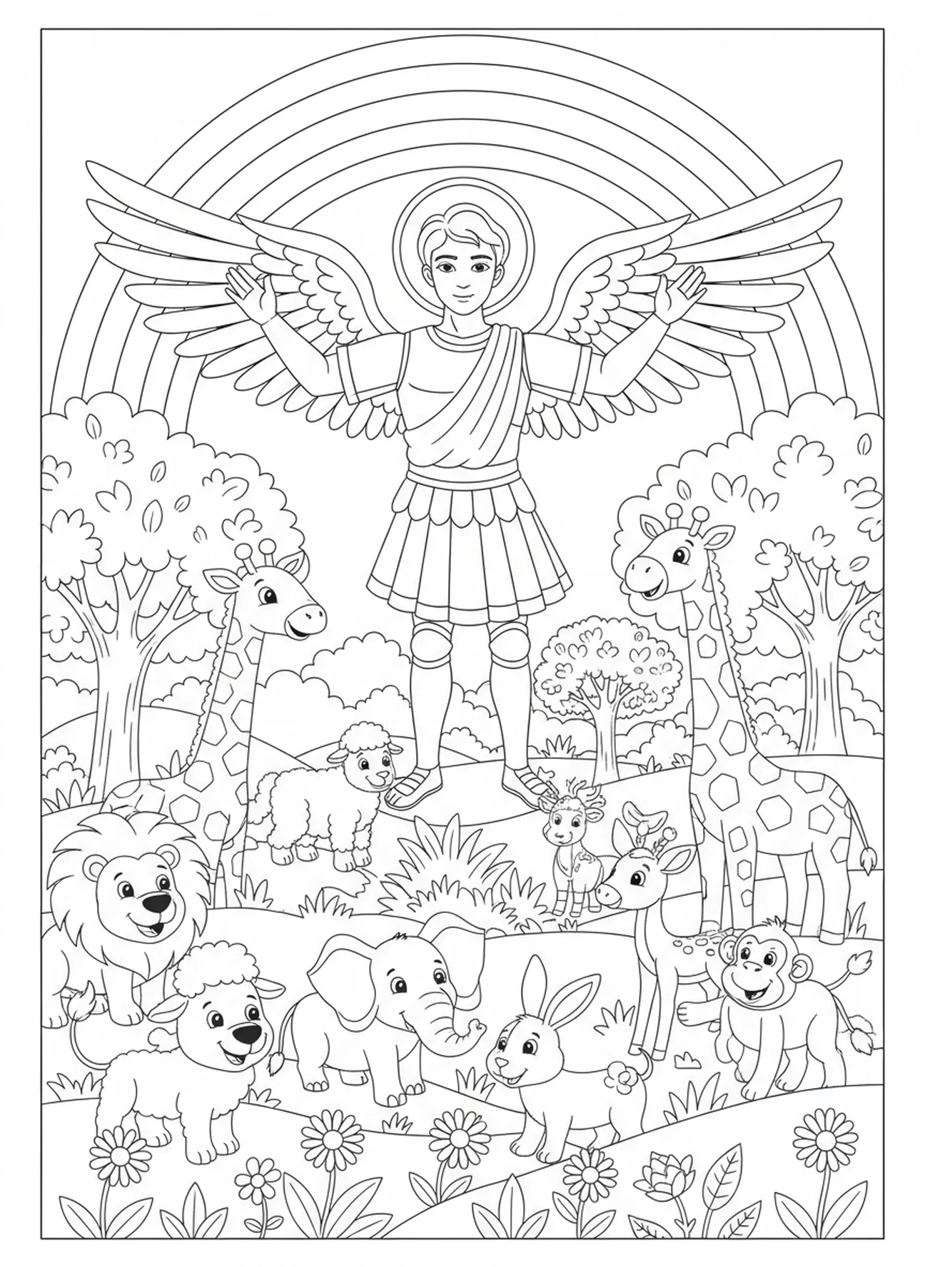 St. Michael segnet die Landschaft, Ausmalbild von St. Michael für Kinder im Alter von 5-10 Jahren.