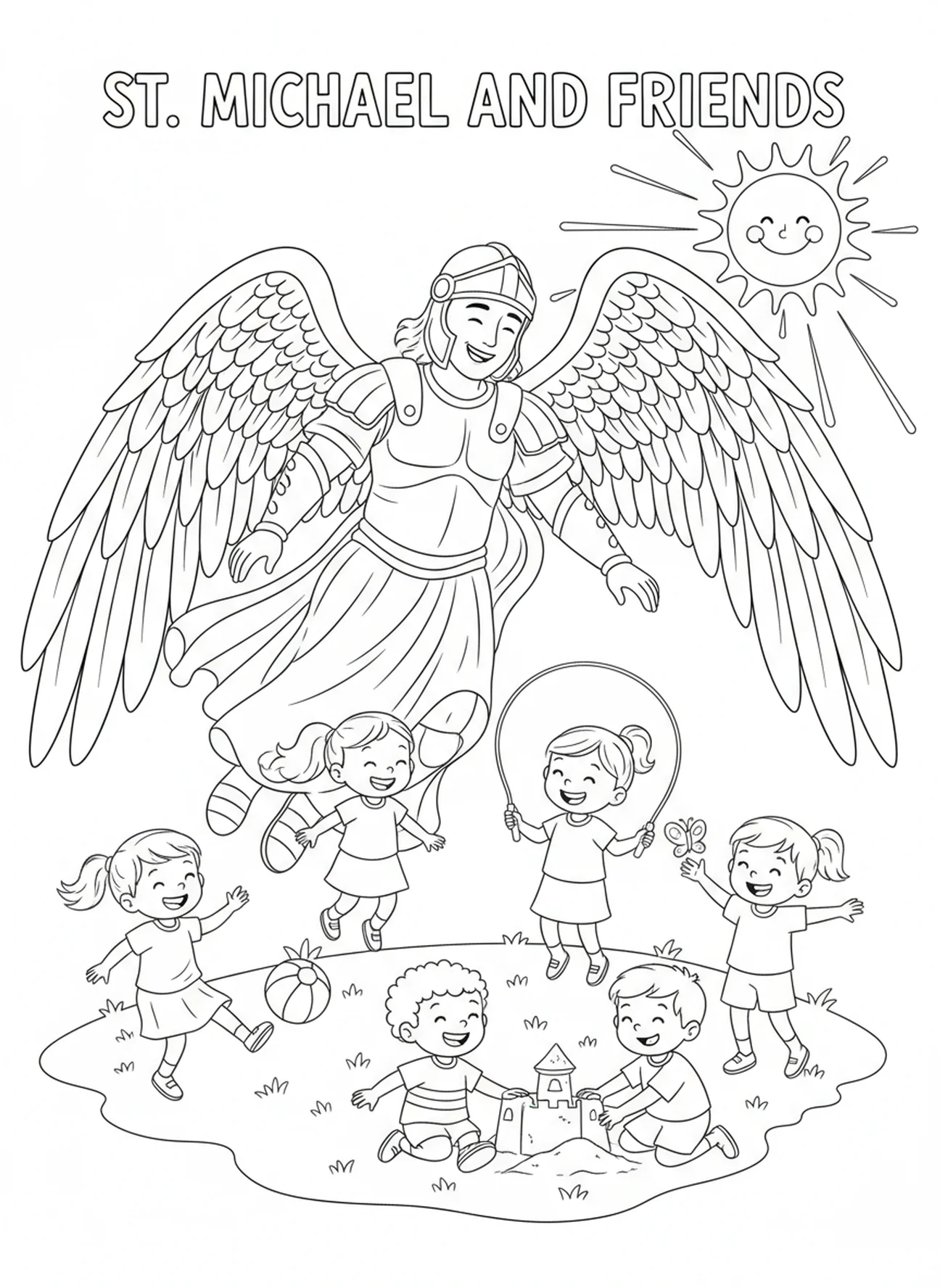 Der hl. Michael beschützt Kinder, Ausmalbild vom hl. Michael für Kinder im Alter von 5-10 Jahren.