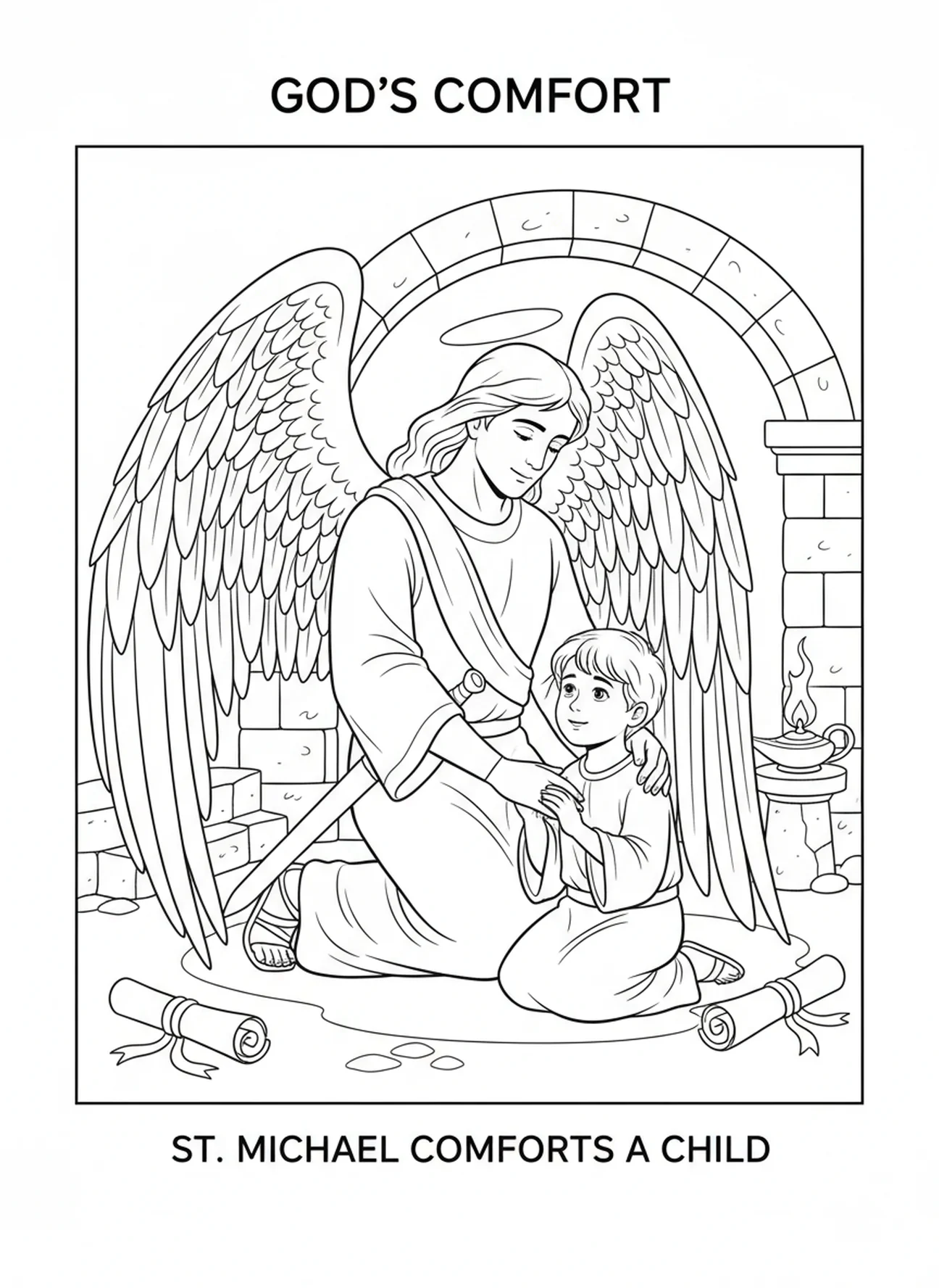 Saint Michel réconfortant un enfant, page à colorier Saint Michel pour les enfants de l'École du dimanche âgés de 5 à 12 ans.