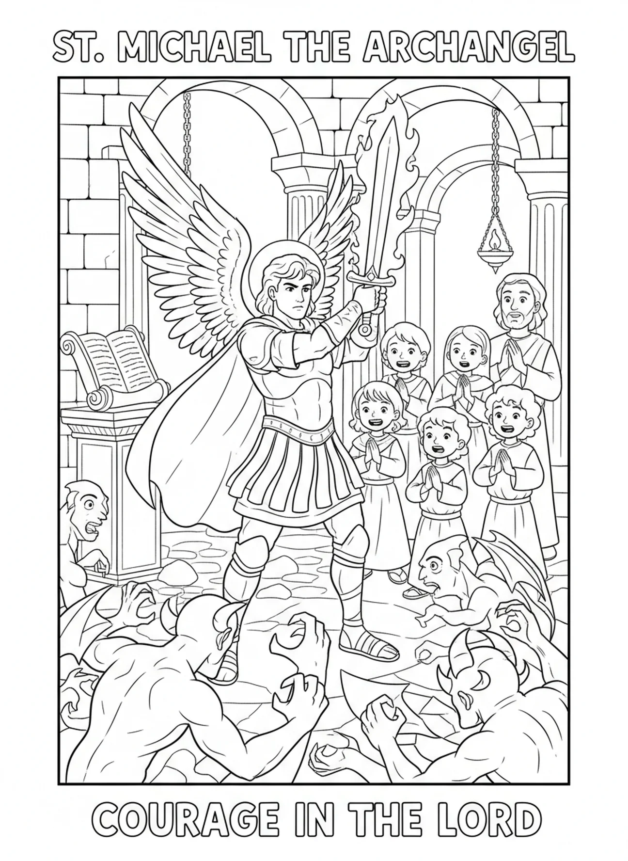 Saint Michel combattant des démons, page à colorier de Saint Michel pour les enfants de l'École du dimanche âgés de 5 à 12 ans.
